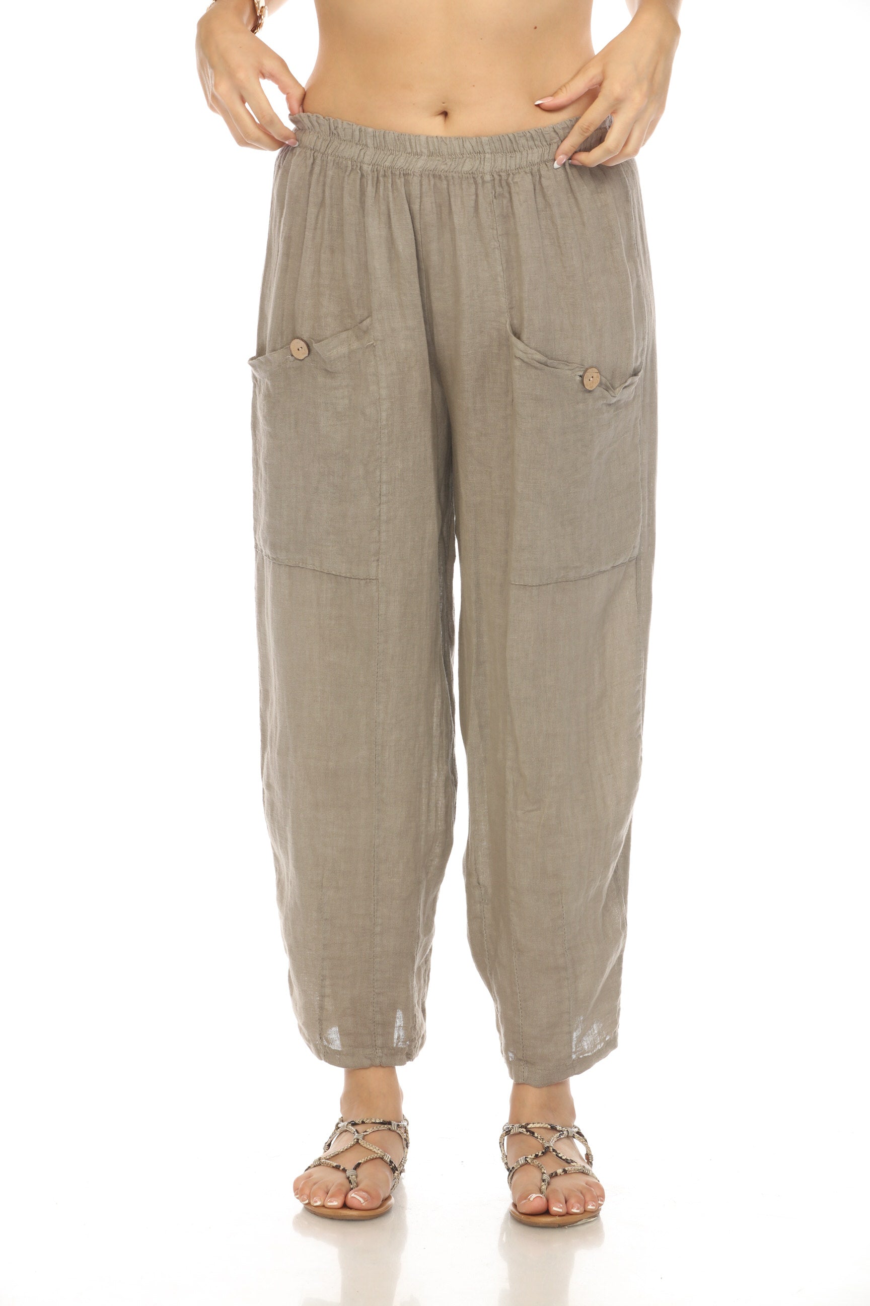 Taupe Elastic Waist Wide Leg Pant with Pockets