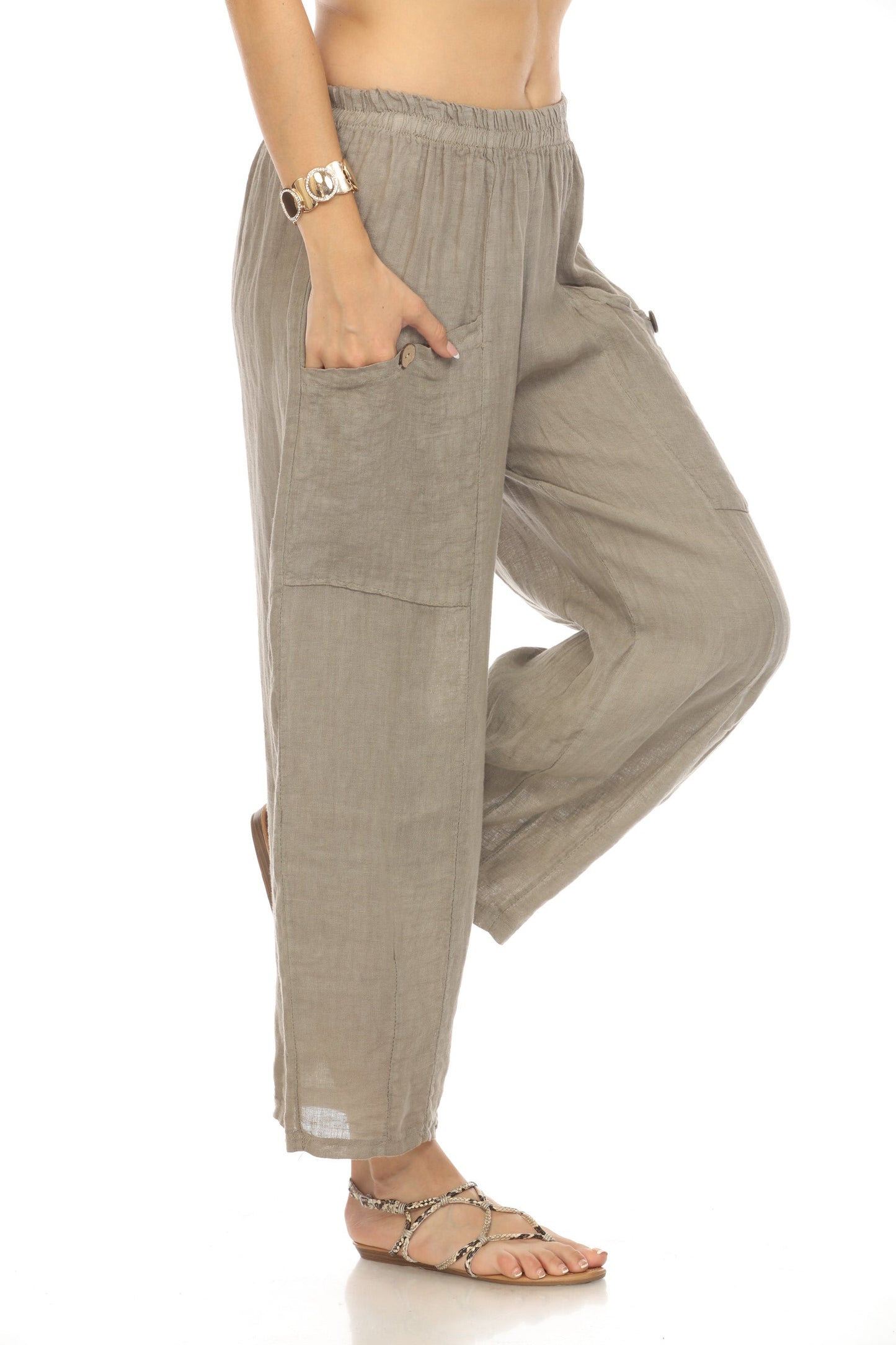 Taupe Elastic Waist Wide Leg Pant with Pockets