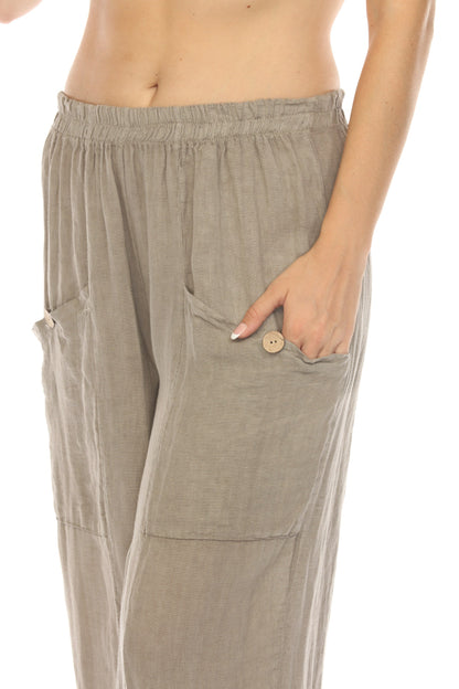 Taupe Elastic Waist Wide Leg Pant with Pockets