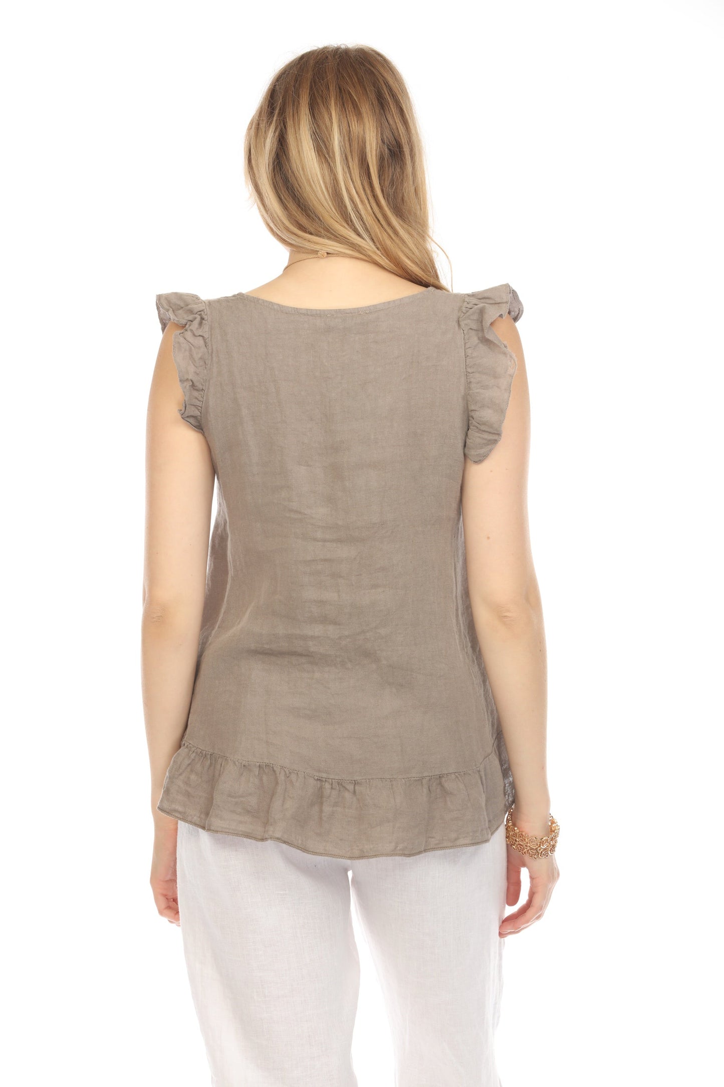 Taupe High-Low Cap Sleeves Top with Bottom Ruffles