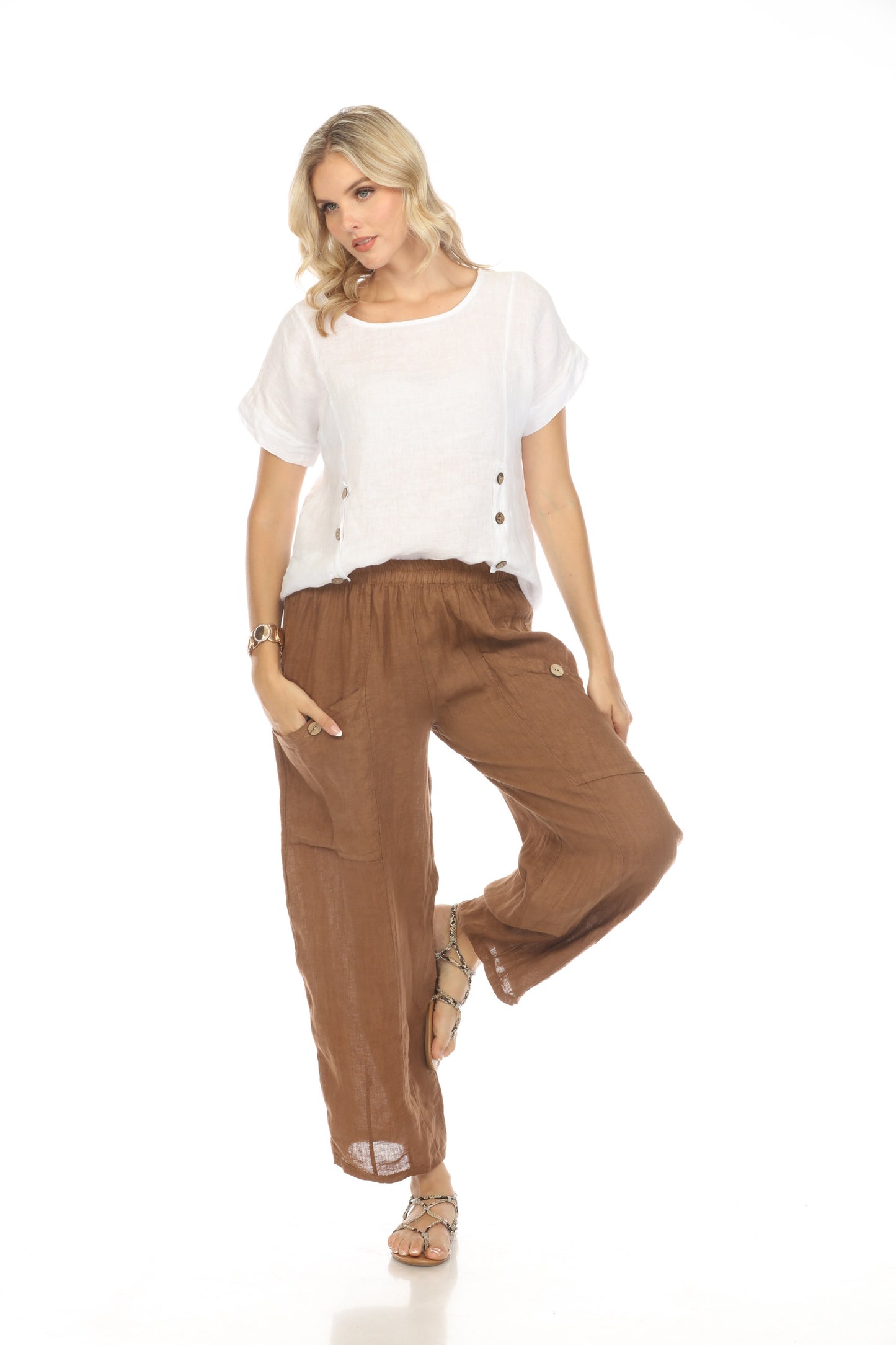 Brown Elastic Waist Wide Leg Pant with Pockets