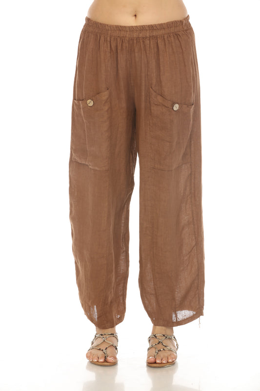 Brown Elastic Waist Wide Leg Pant with Pockets