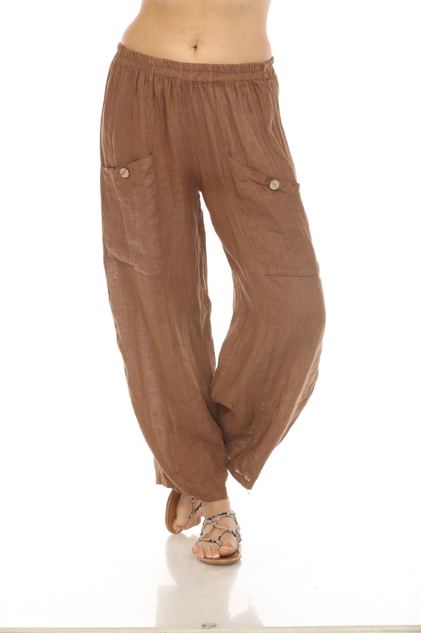 Brown Elastic Waist Wide Leg Pant with Pockets