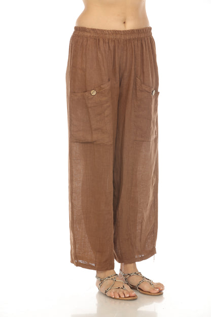 Brown Elastic Waist Wide Leg Pant with Pockets
