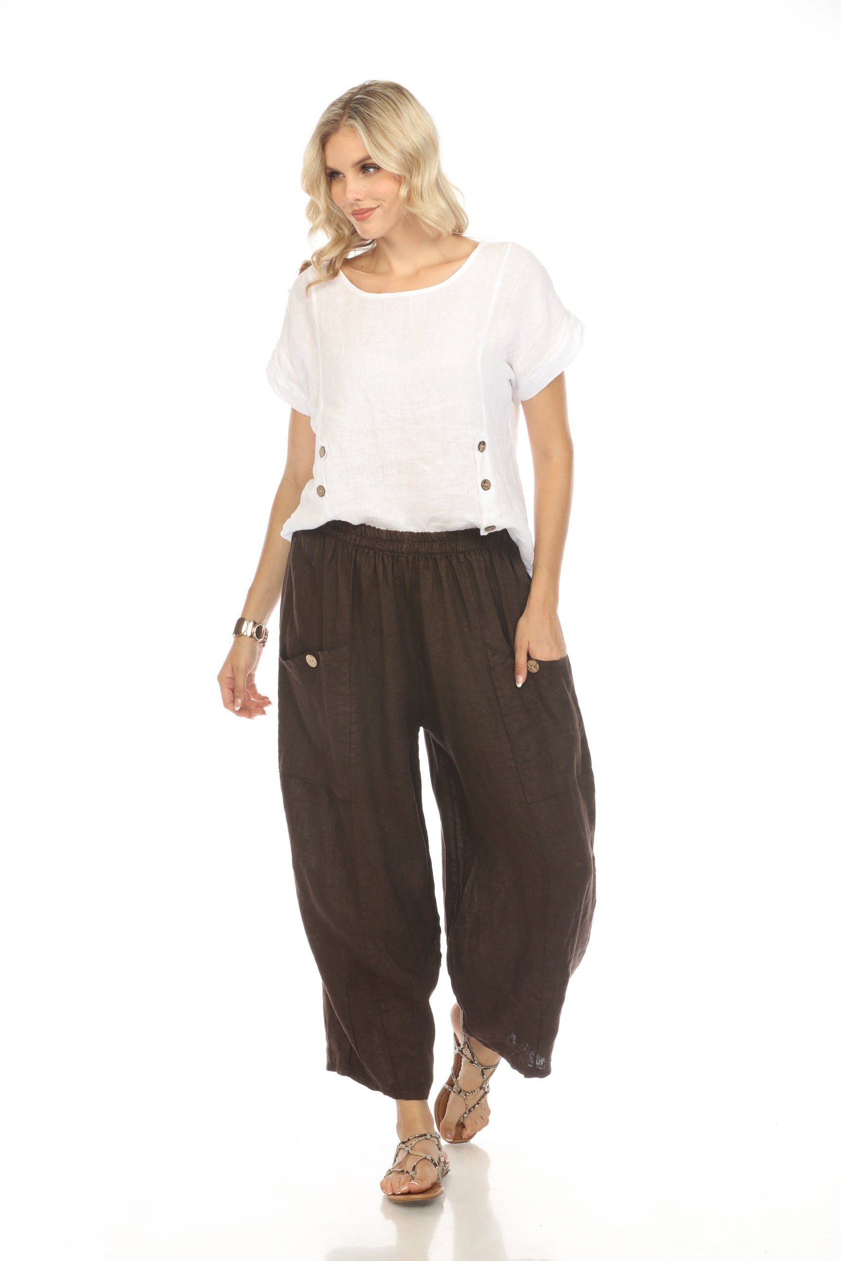 Brown Elastic Waist Wide Leg Pant with Pockets