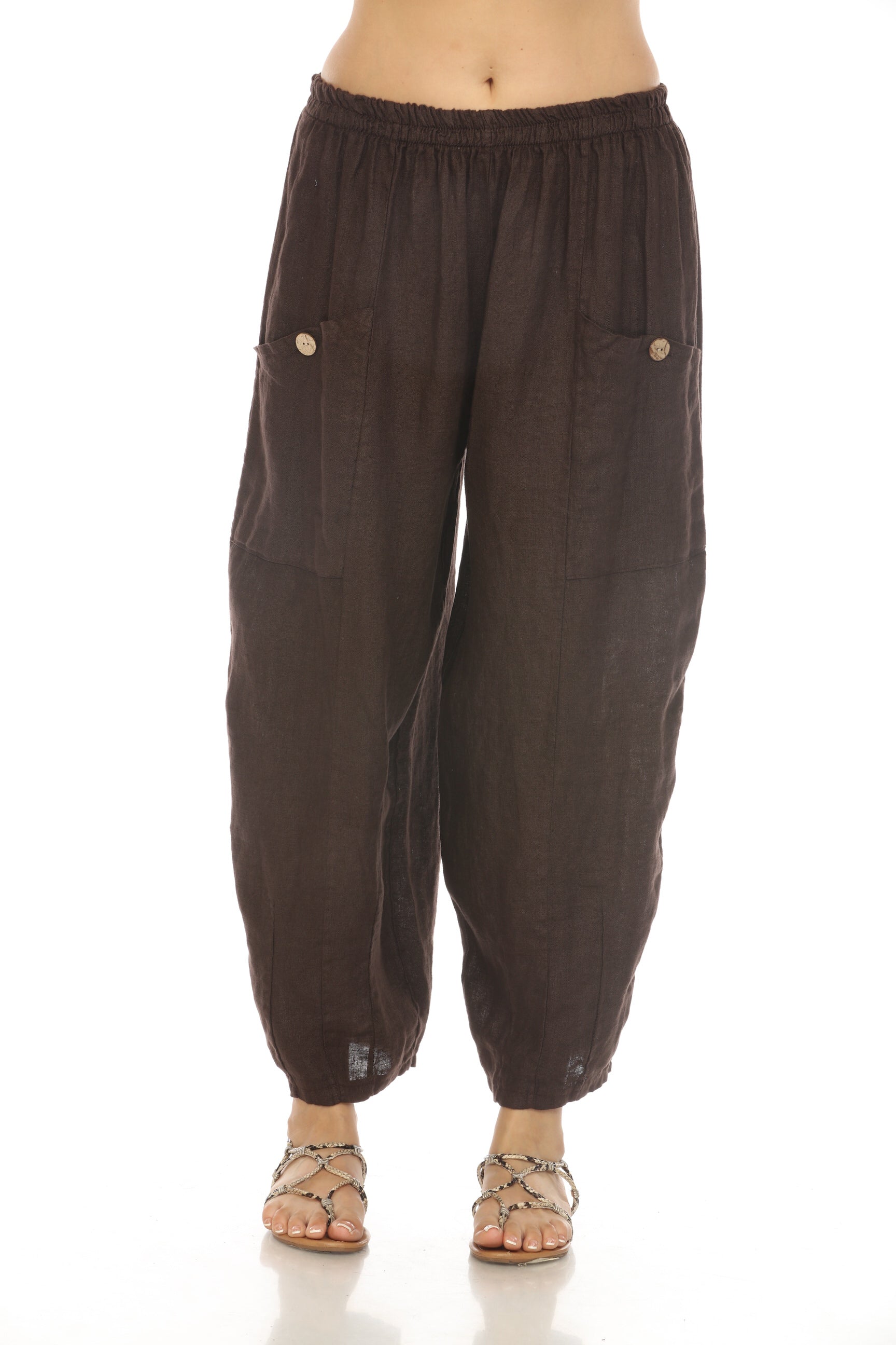 Brown Elastic Waist Wide Leg Pant with Pockets