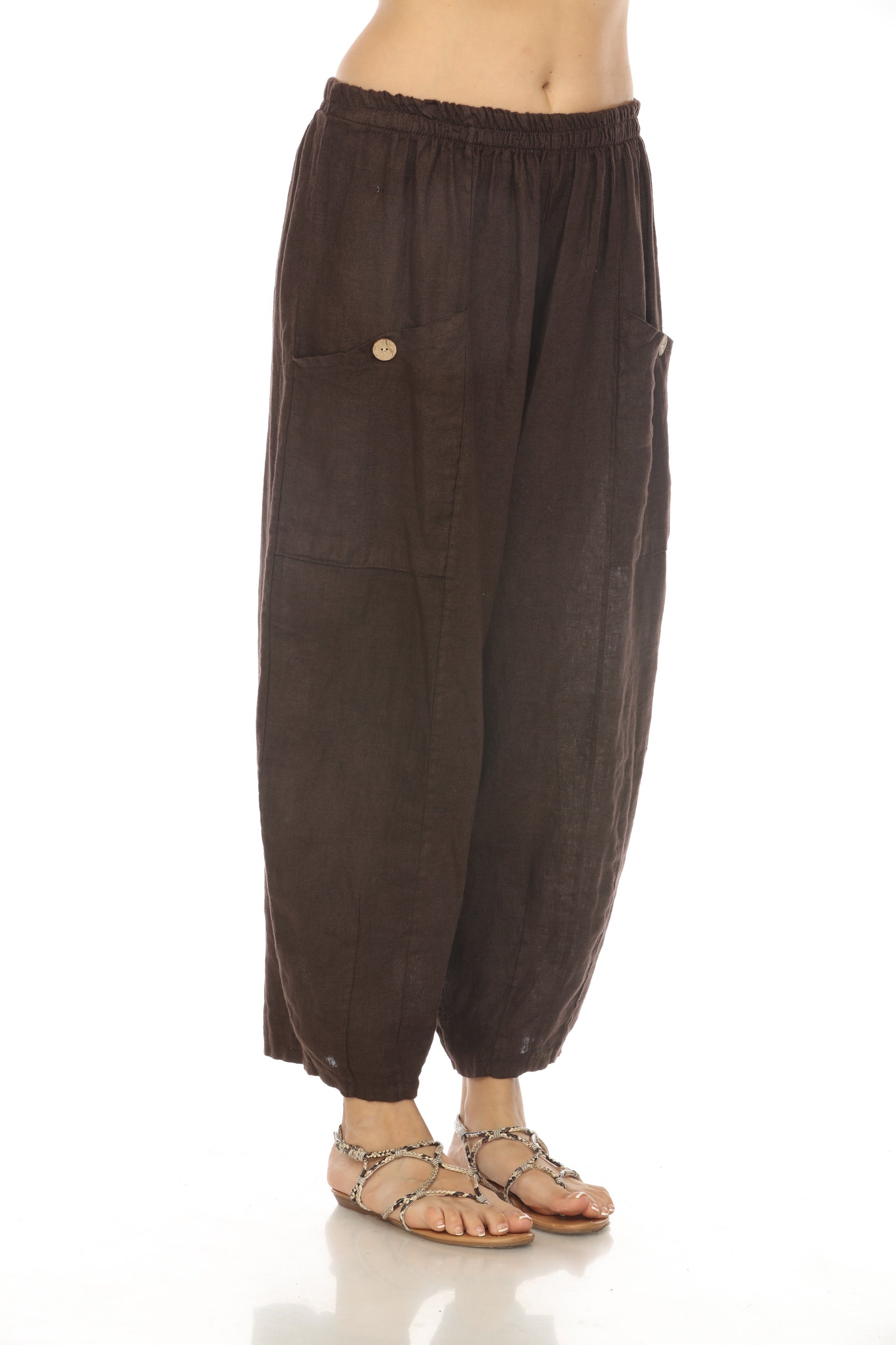 Brown Elastic Waist Wide Leg Pant with Pockets