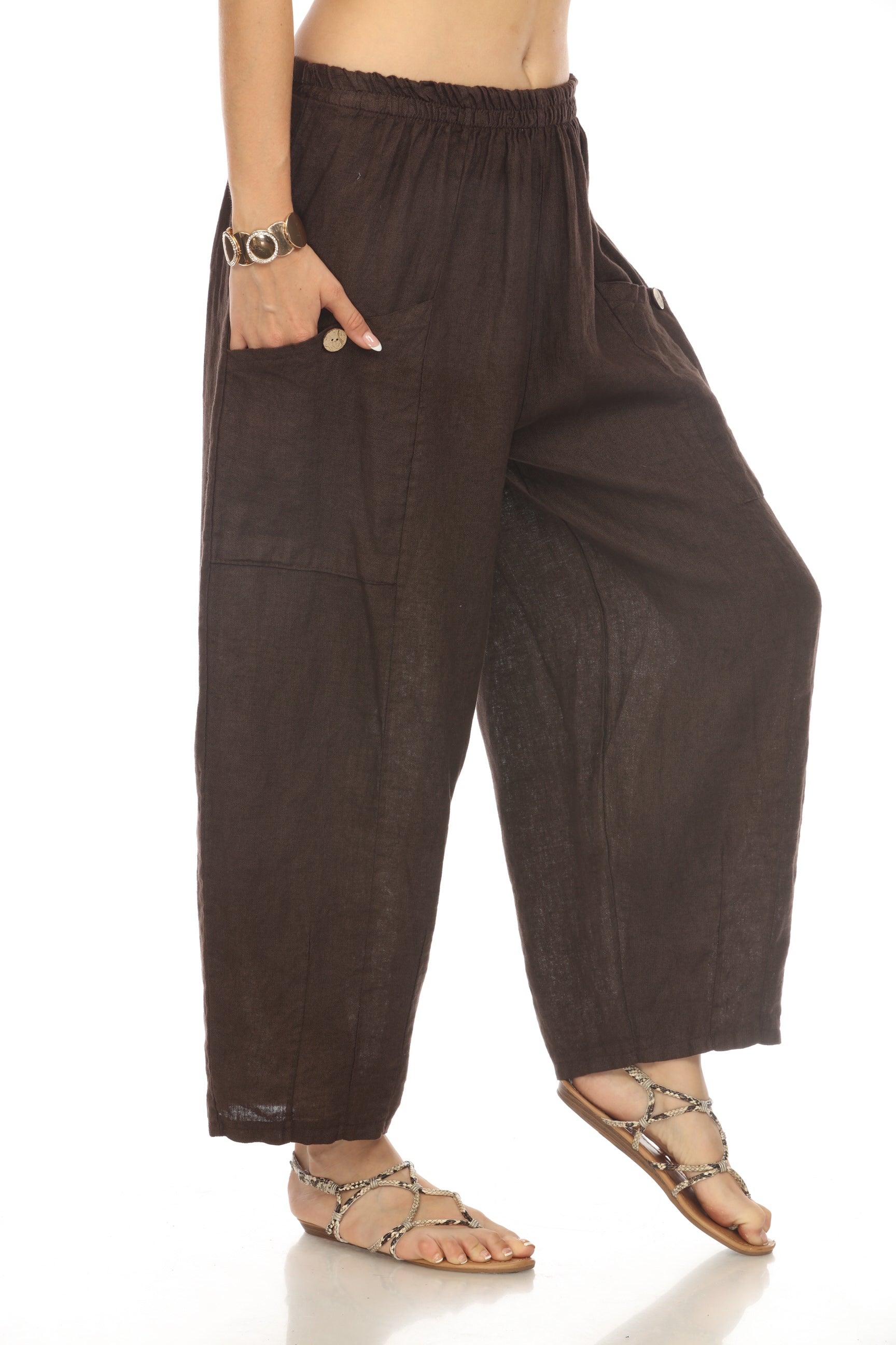 Brown Elastic Waist Wide Leg Pant with Pockets