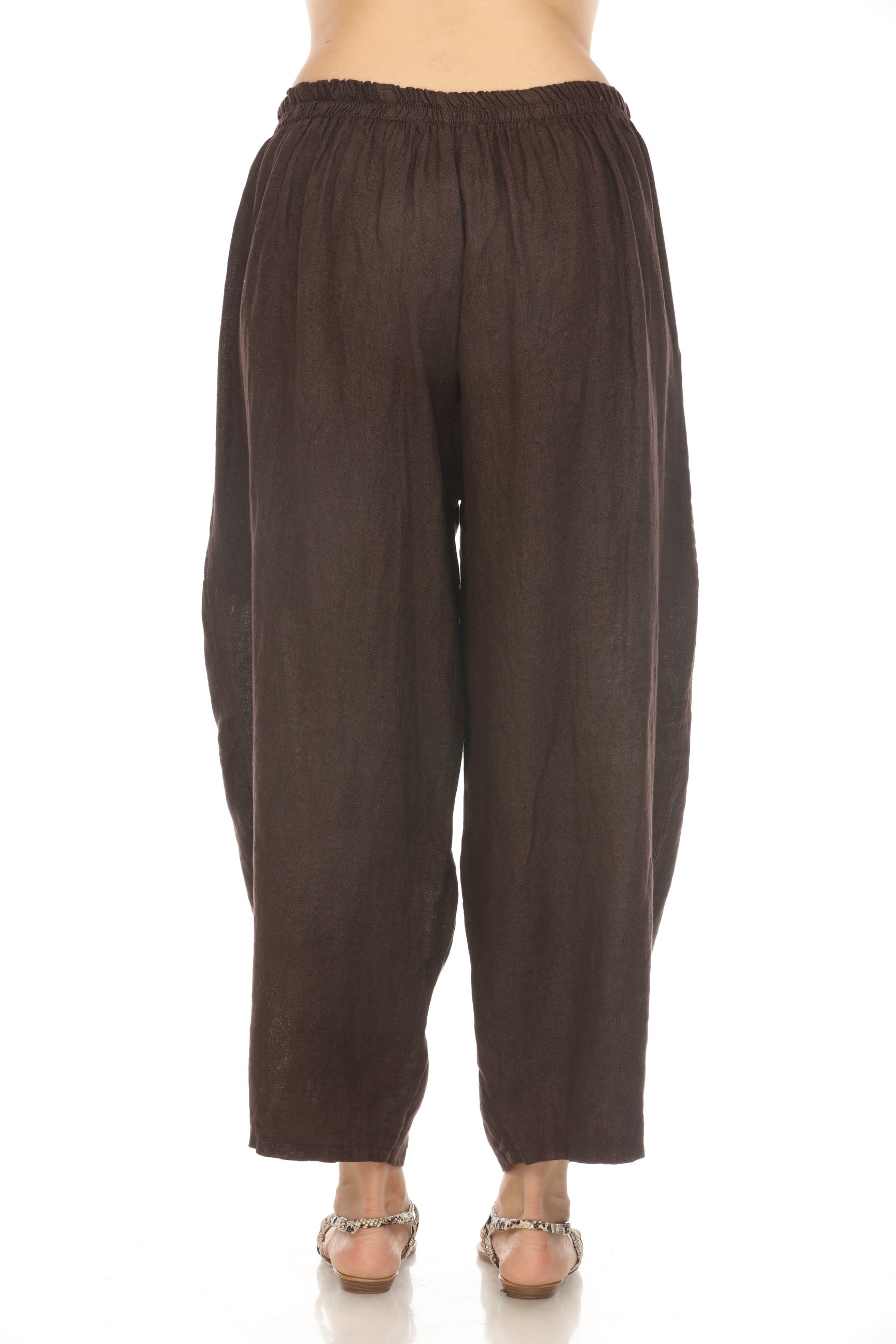 Brown Elastic Waist Wide Leg Pant with Pockets