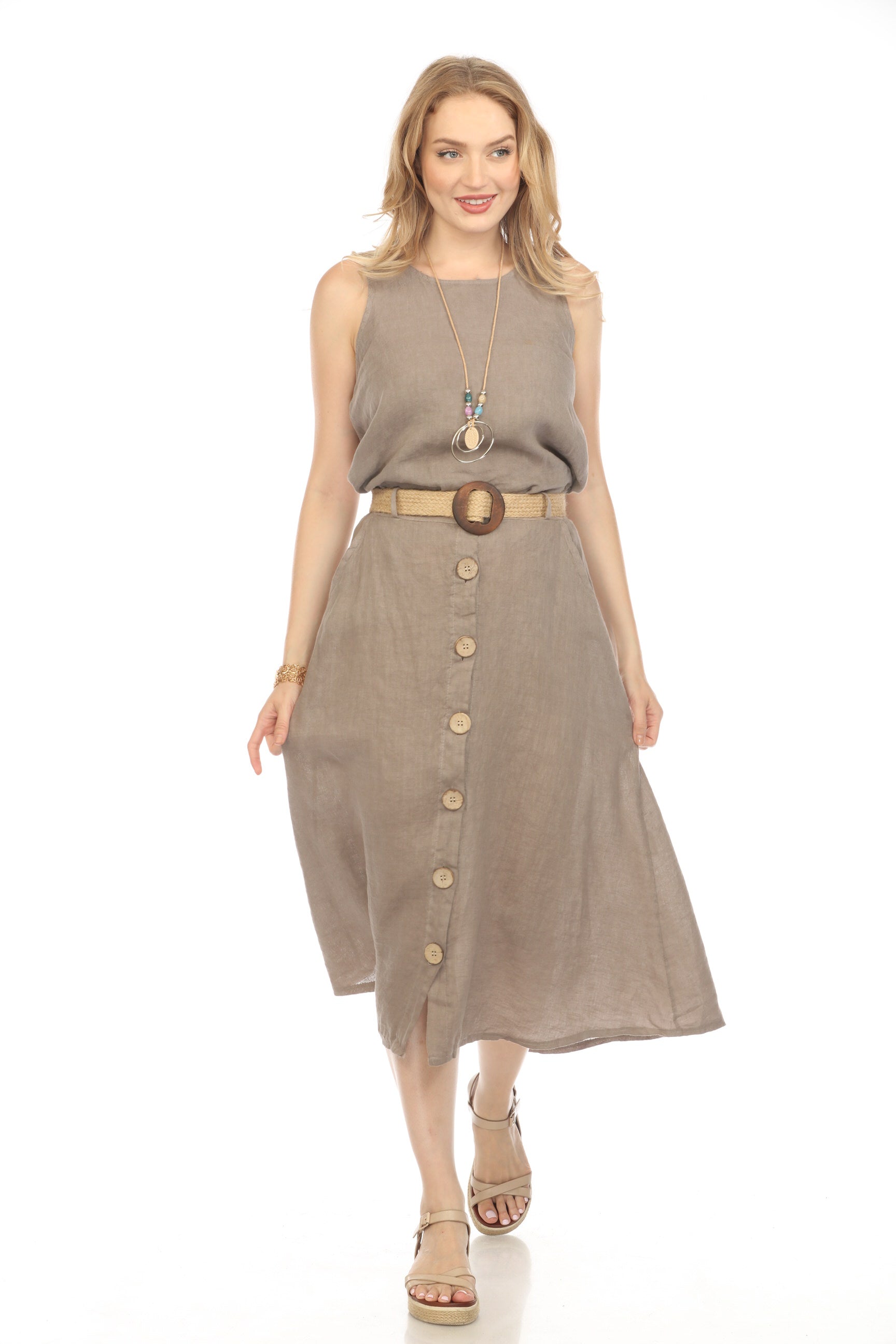 Taupe Bamboo Belted Skirt with Buttons & Pockets