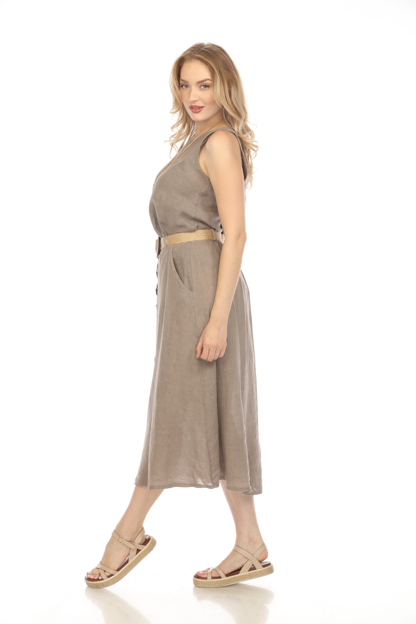 Taupe Bamboo Belted Skirt with Buttons & Pockets