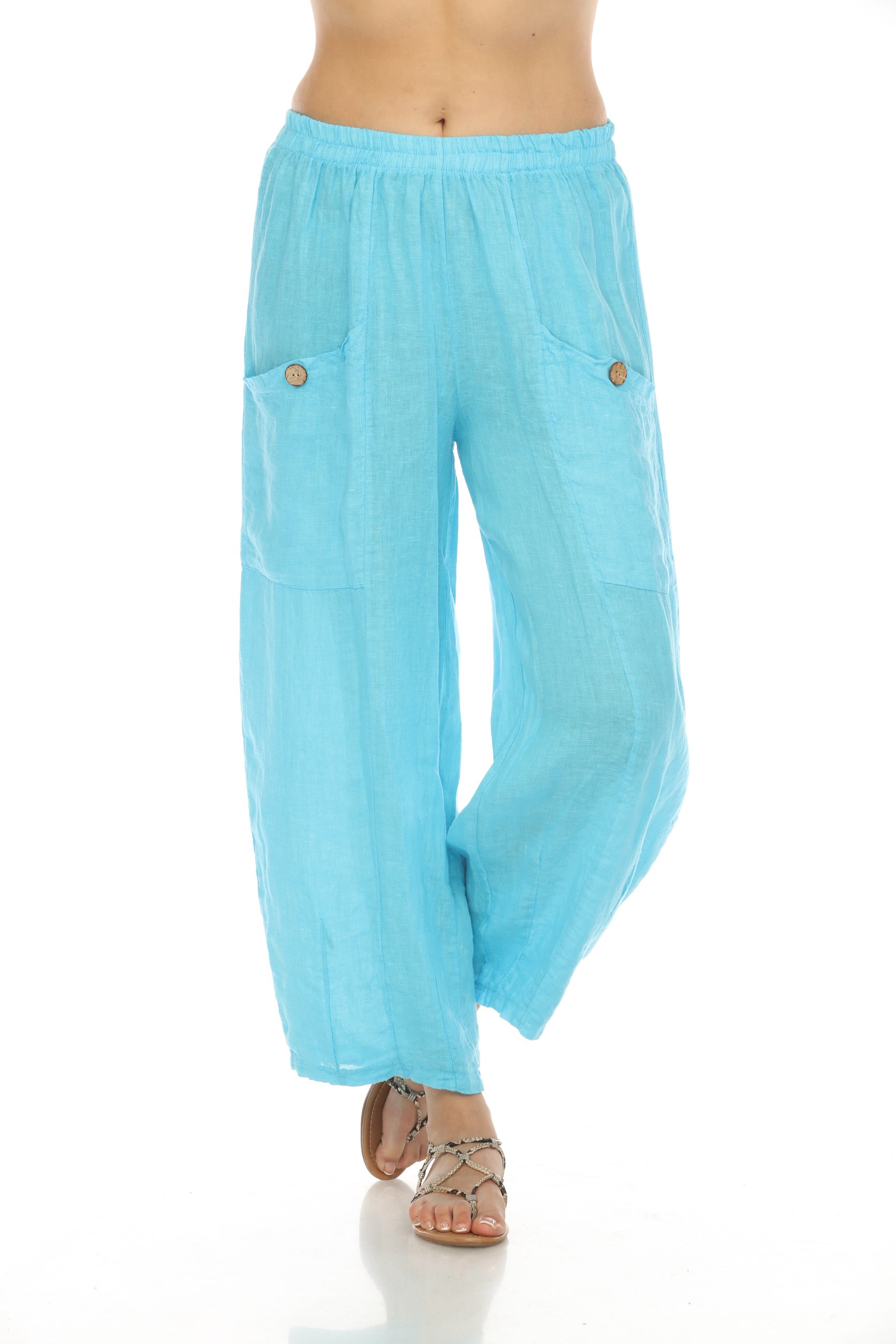 Ocean Blue Elastic Waist Wide Leg Pant with Pockets