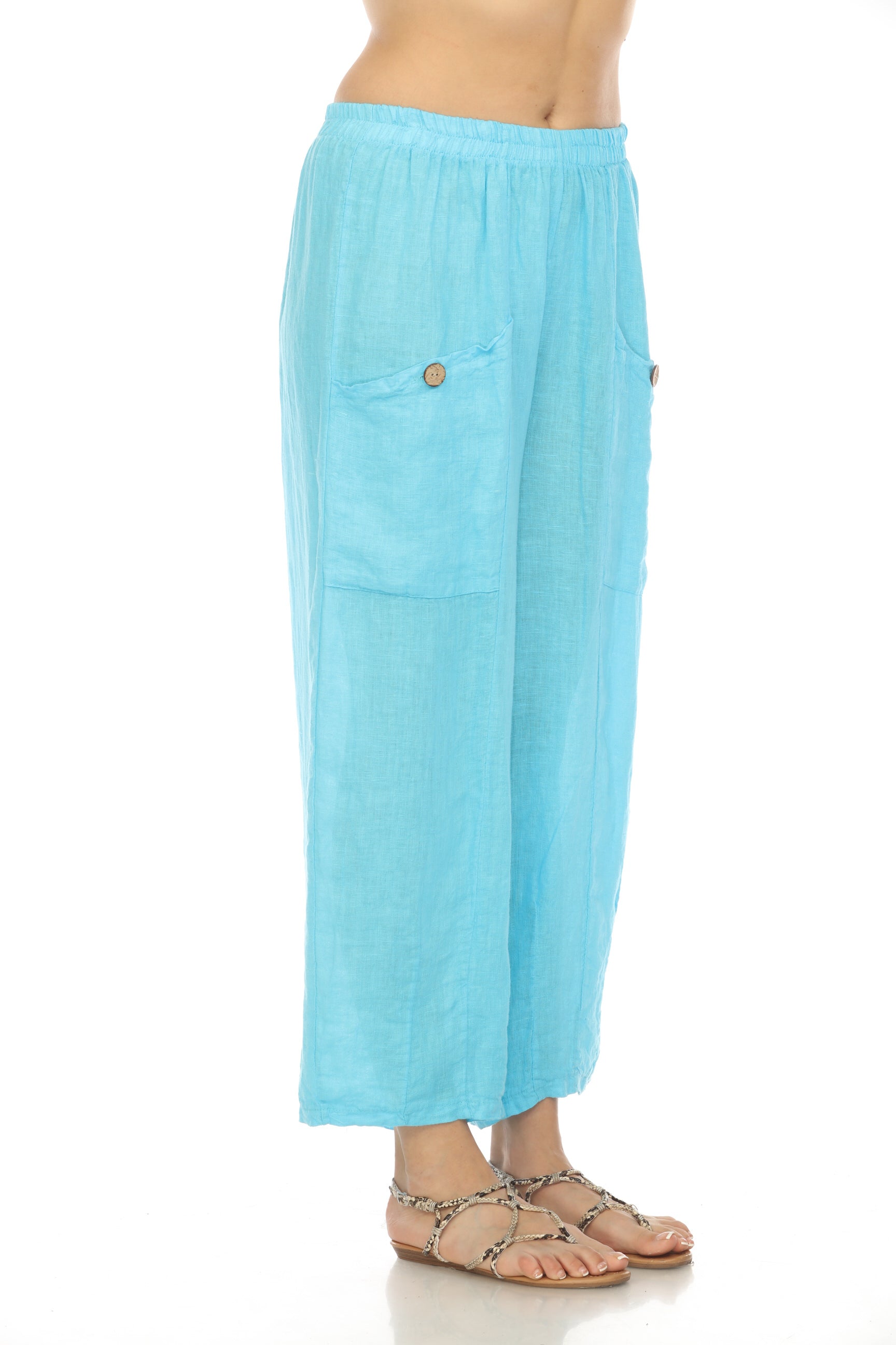 Ocean Blue Elastic Waist Wide Leg Pant with Pockets