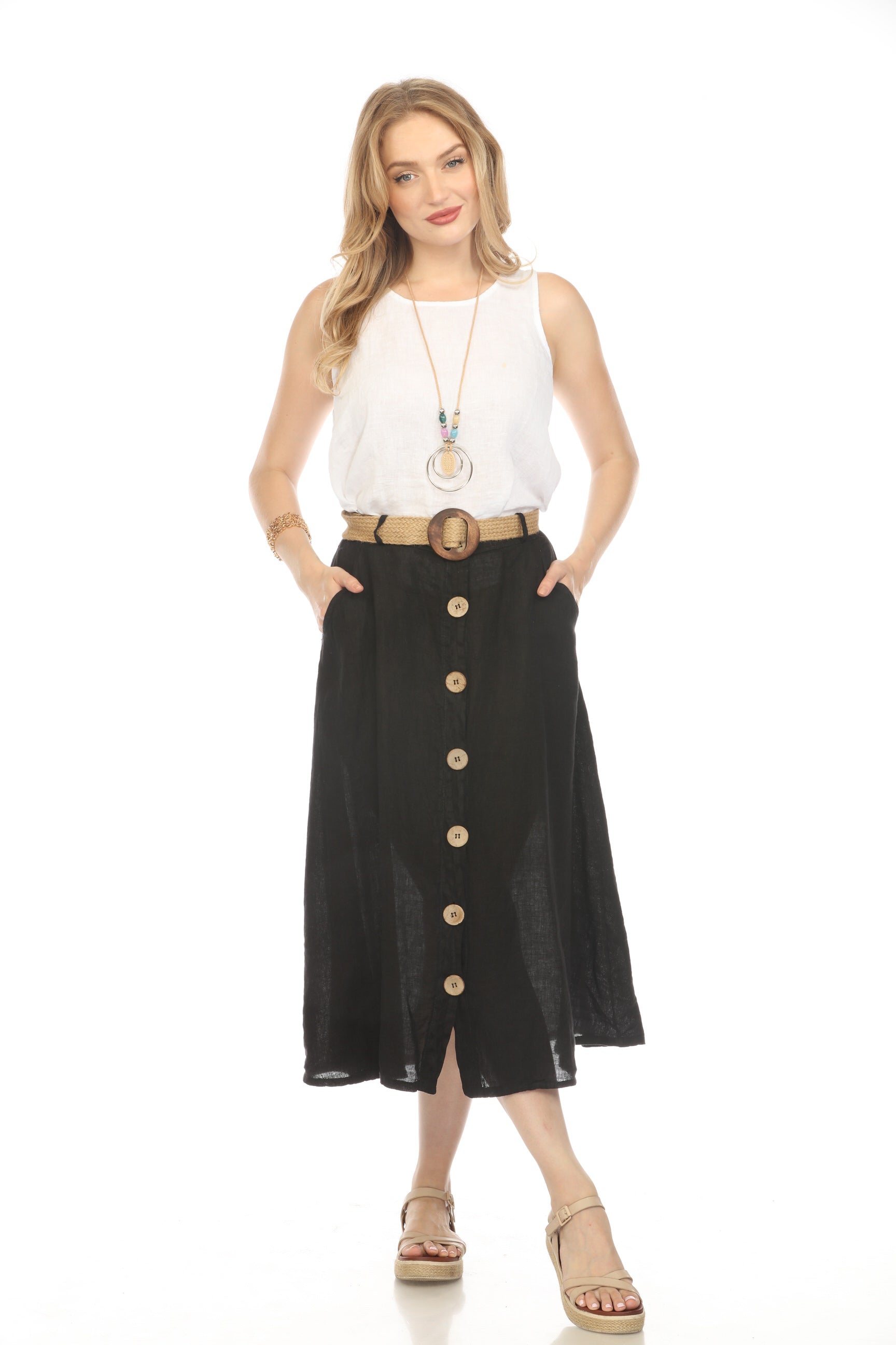 Black Bamboo Belted Skirt with Buttons & Pockets