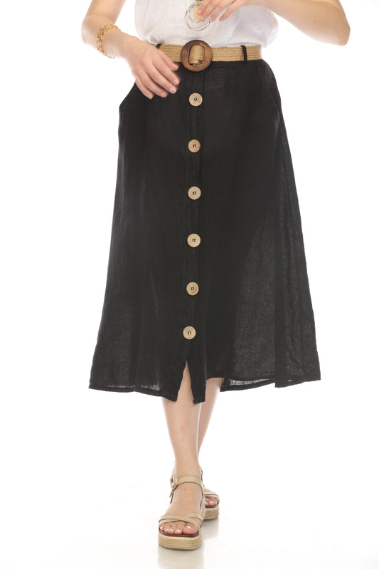 Black Bamboo Belted Skirt with Buttons & Pockets