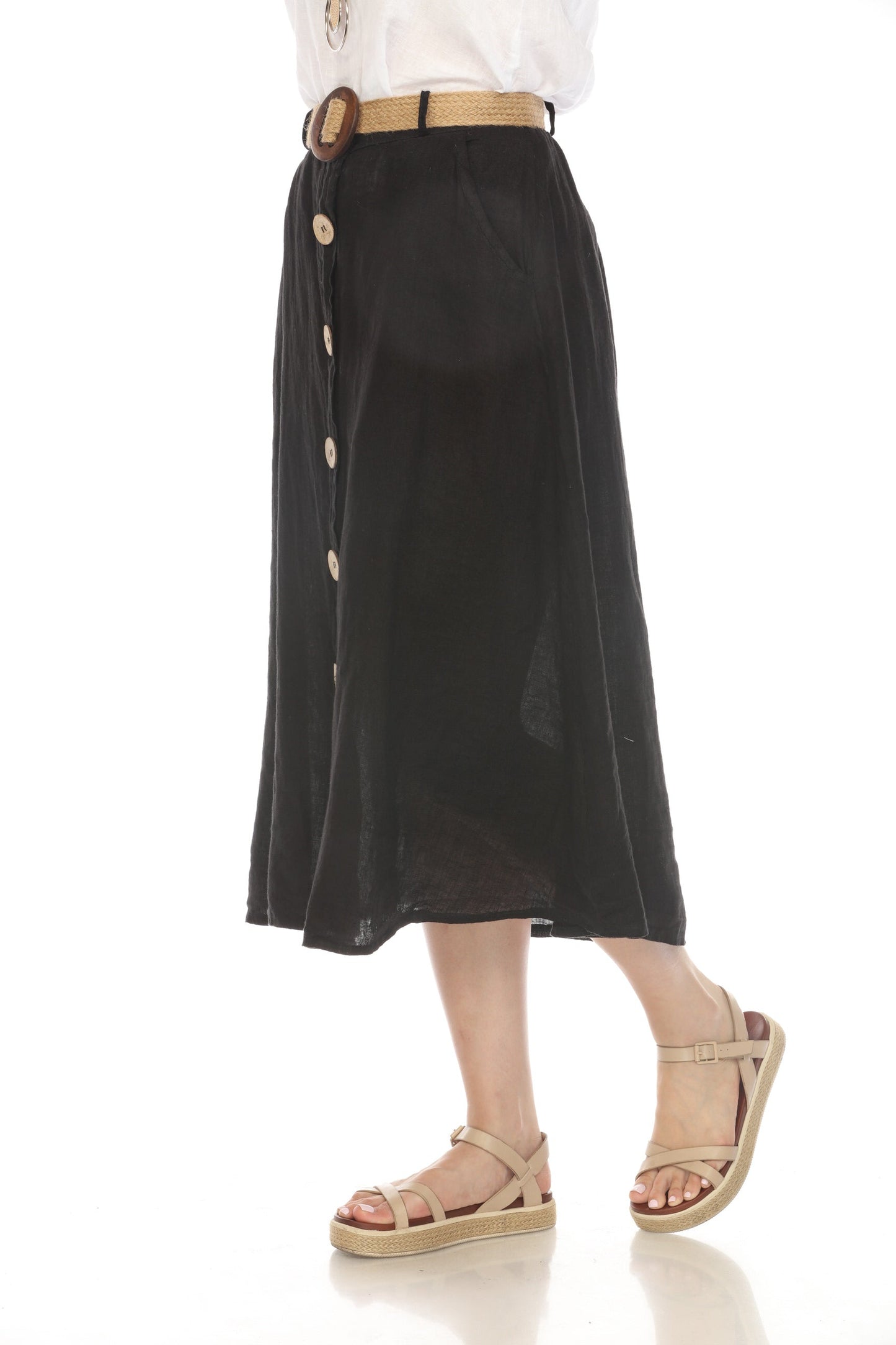 Black Bamboo Belted Skirt with Buttons & Pockets