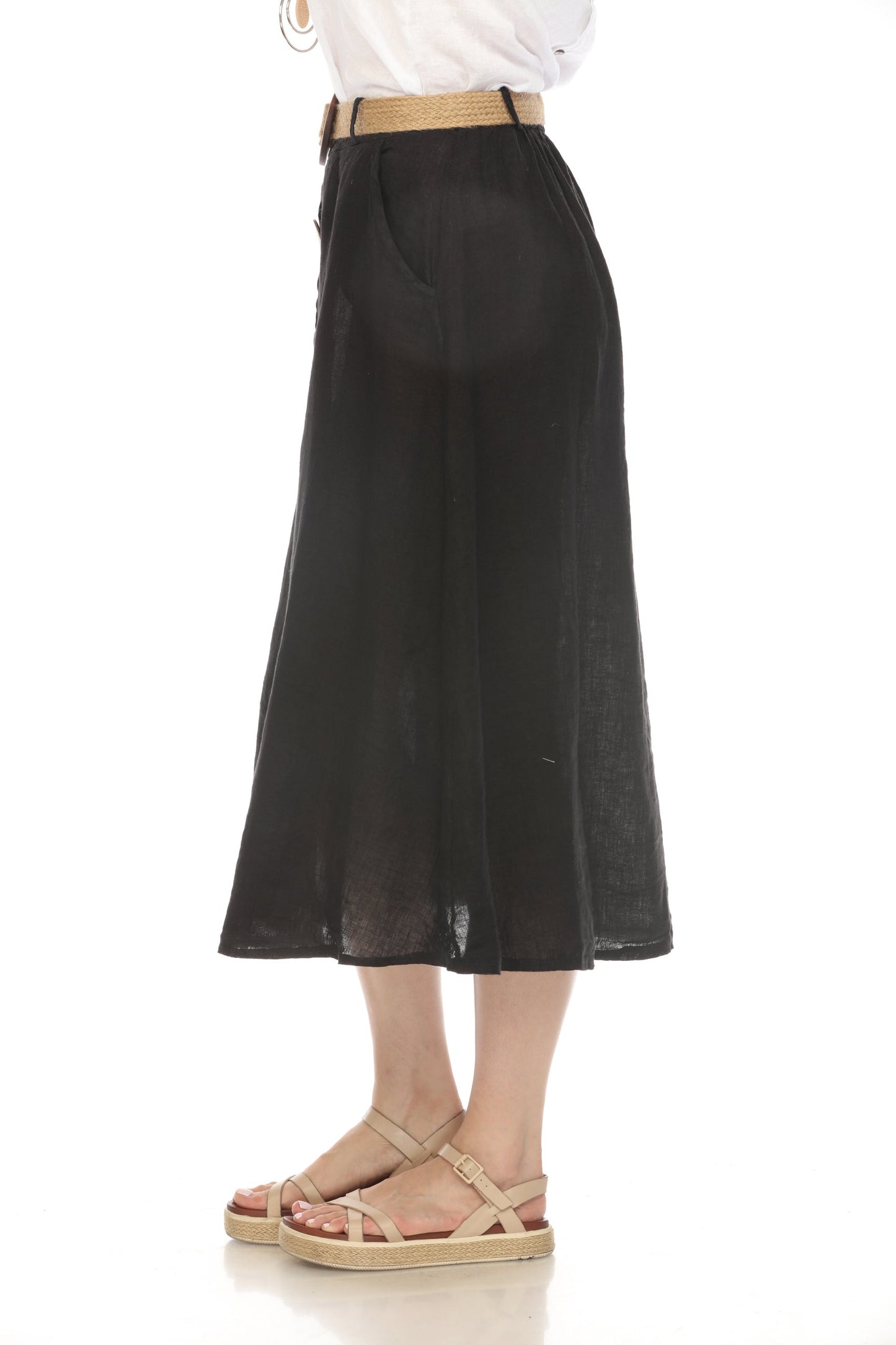 Black Bamboo Belted Skirt with Buttons & Pockets