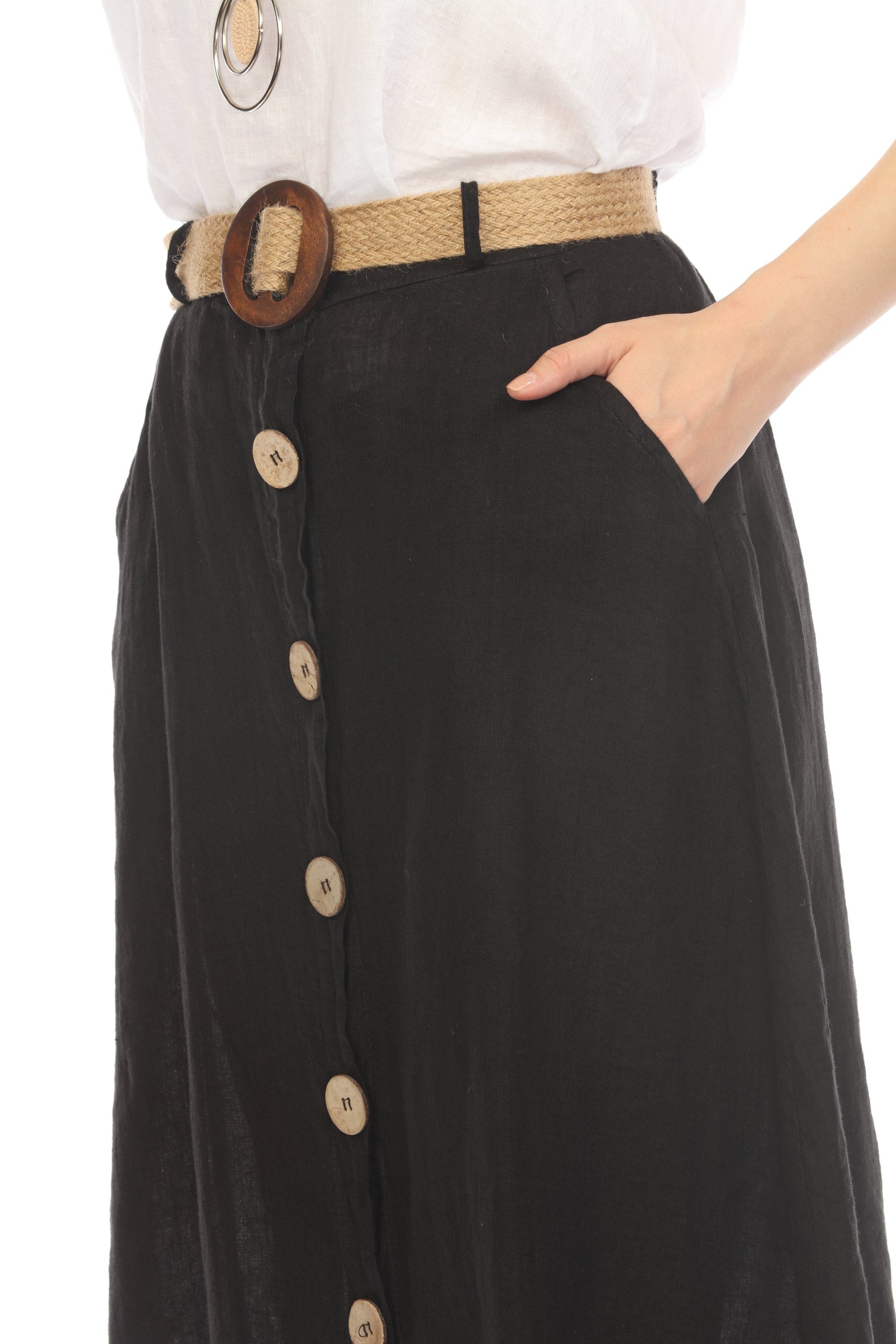 Black Bamboo Belted Skirt with Buttons & Pockets