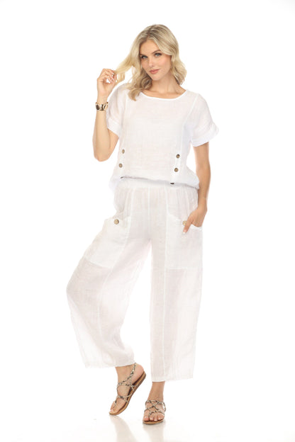 White Elastic Waist Wide Leg Pant with Pockets