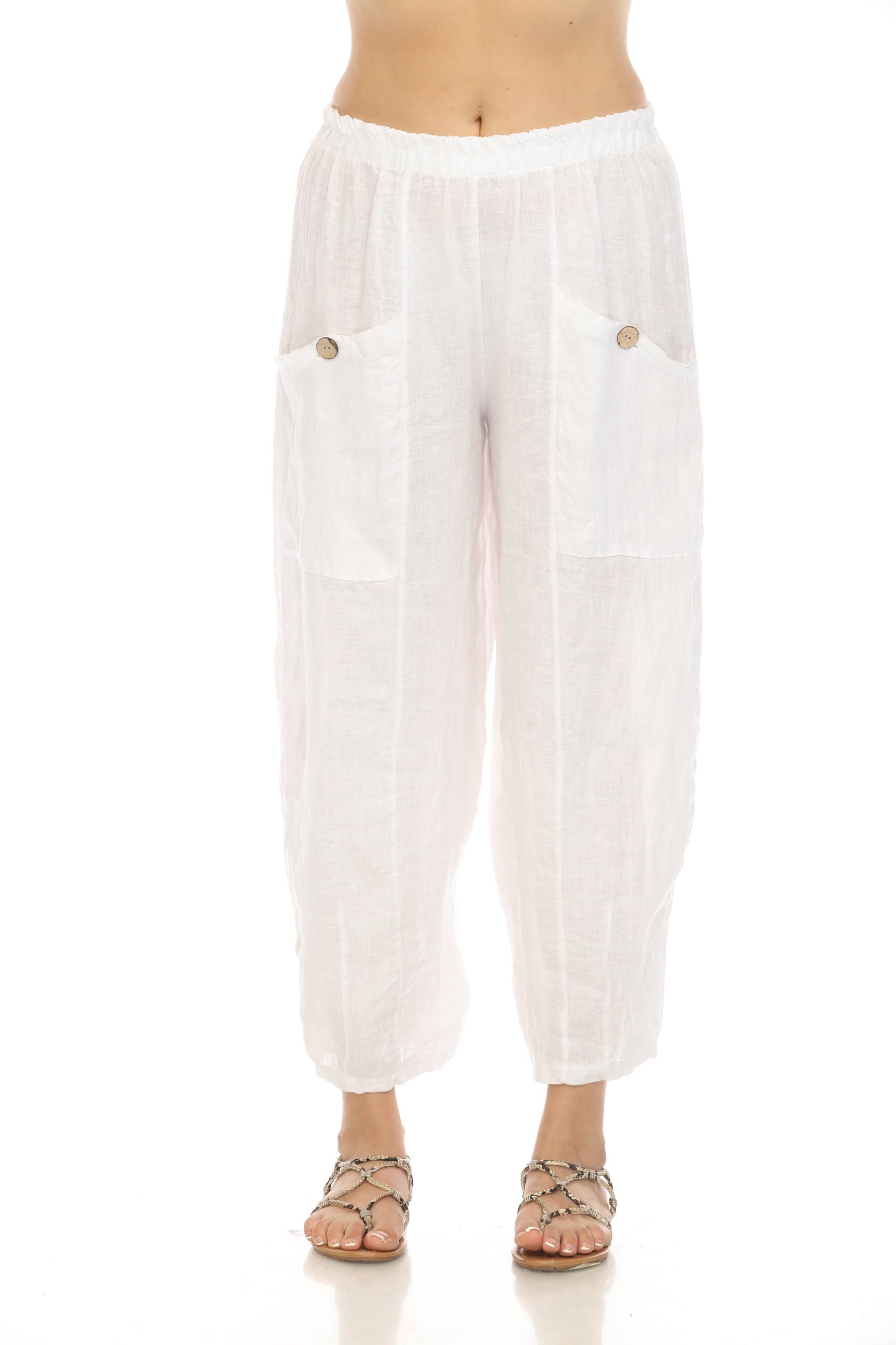 White Elastic Waist Wide Leg Pant with Pockets