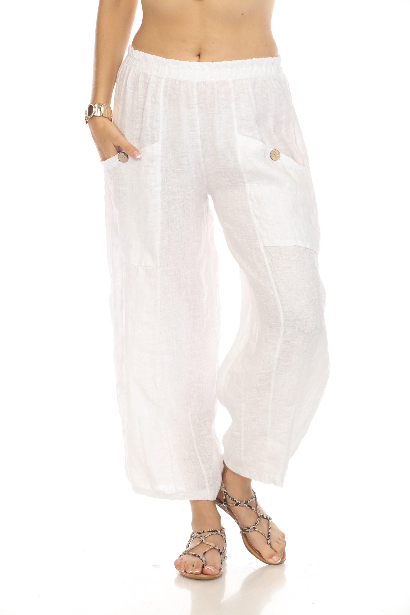 White Elastic Waist Wide Leg Pant with Pockets