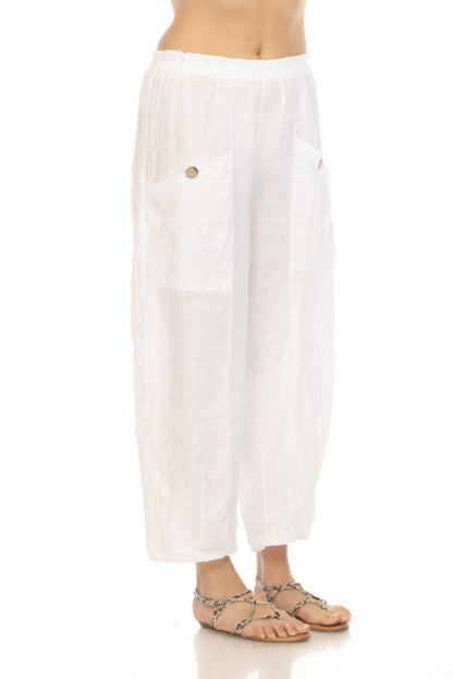 White Elastic Waist Wide Leg Pant with Pockets