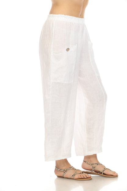 White Elastic Waist Wide Leg Pant with Pockets