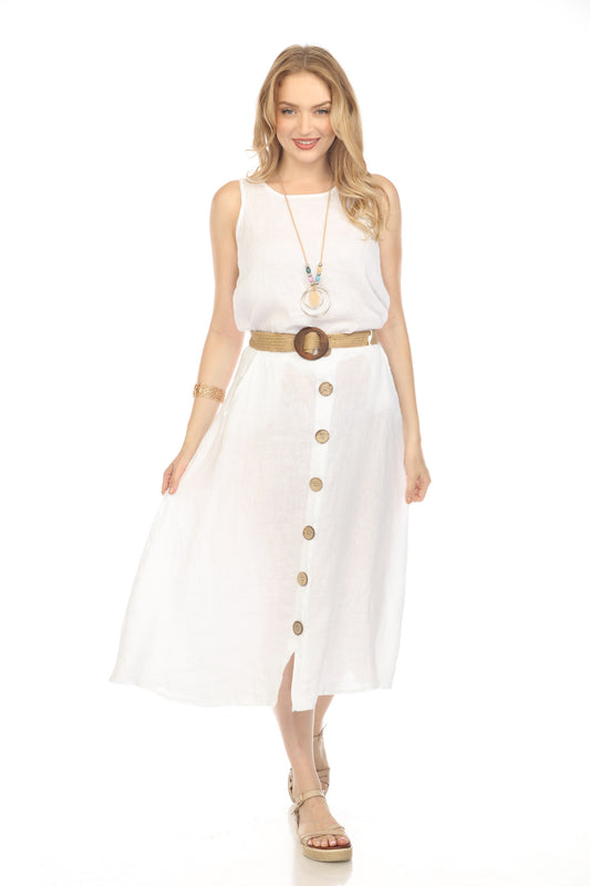 White Bamboo Belted Skirt with Buttons & Pockets