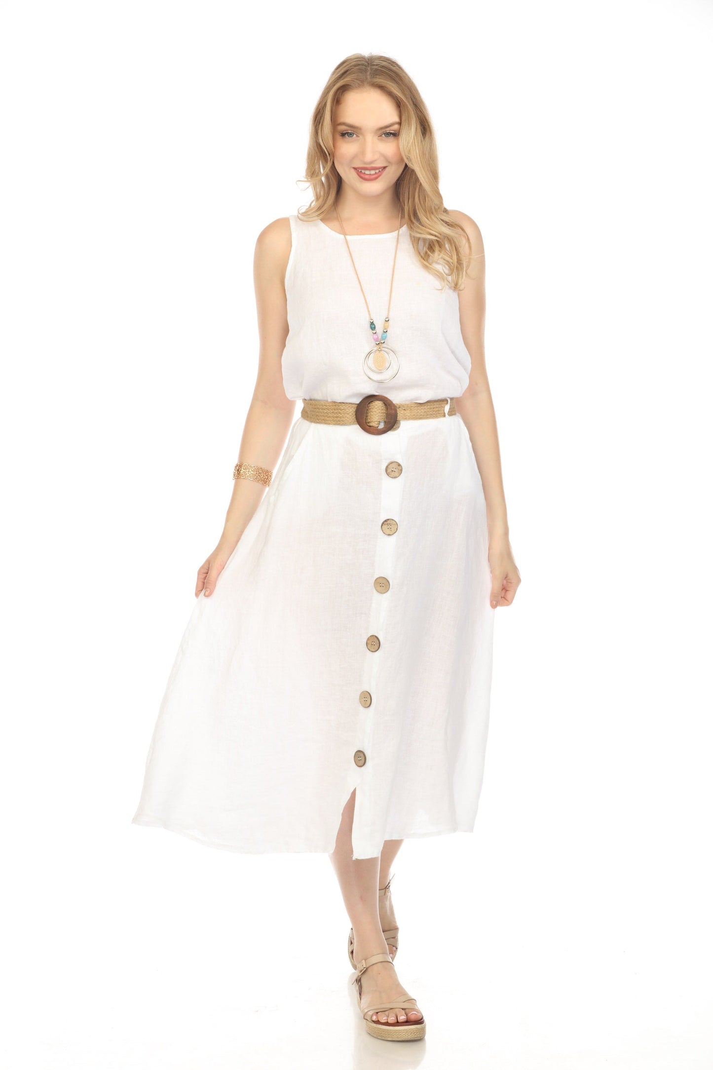 White Bamboo Belted Skirt with Buttons & Pockets