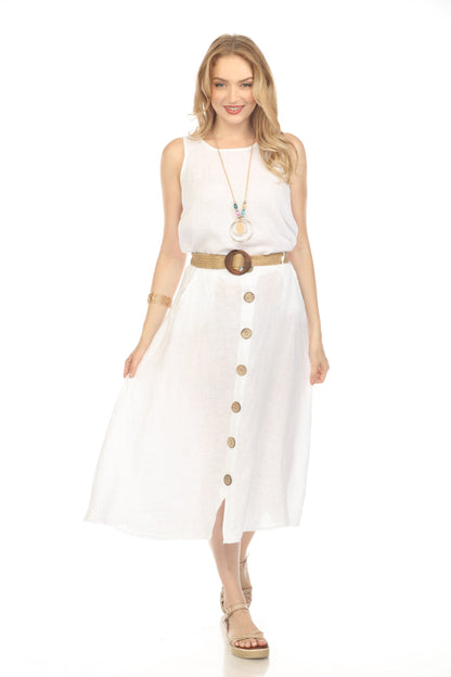 White Bamboo Belted Skirt with Buttons & Pockets