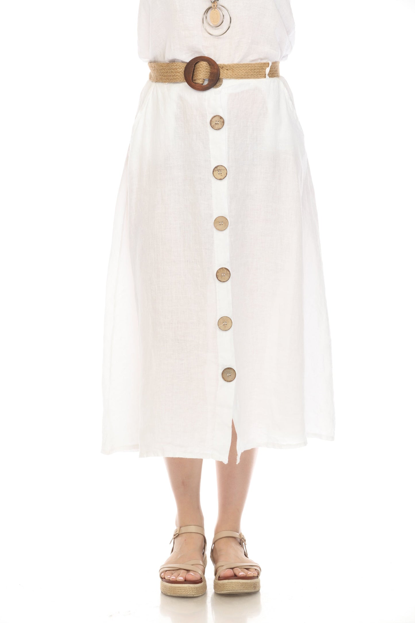 White Bamboo Belted Skirt with Buttons & Pockets