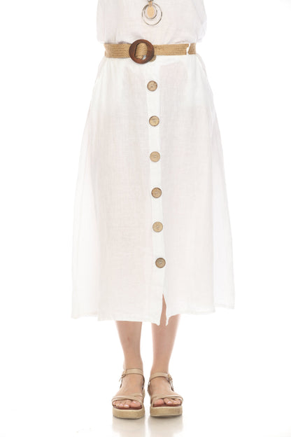 White Bamboo Belted Skirt with Buttons & Pockets