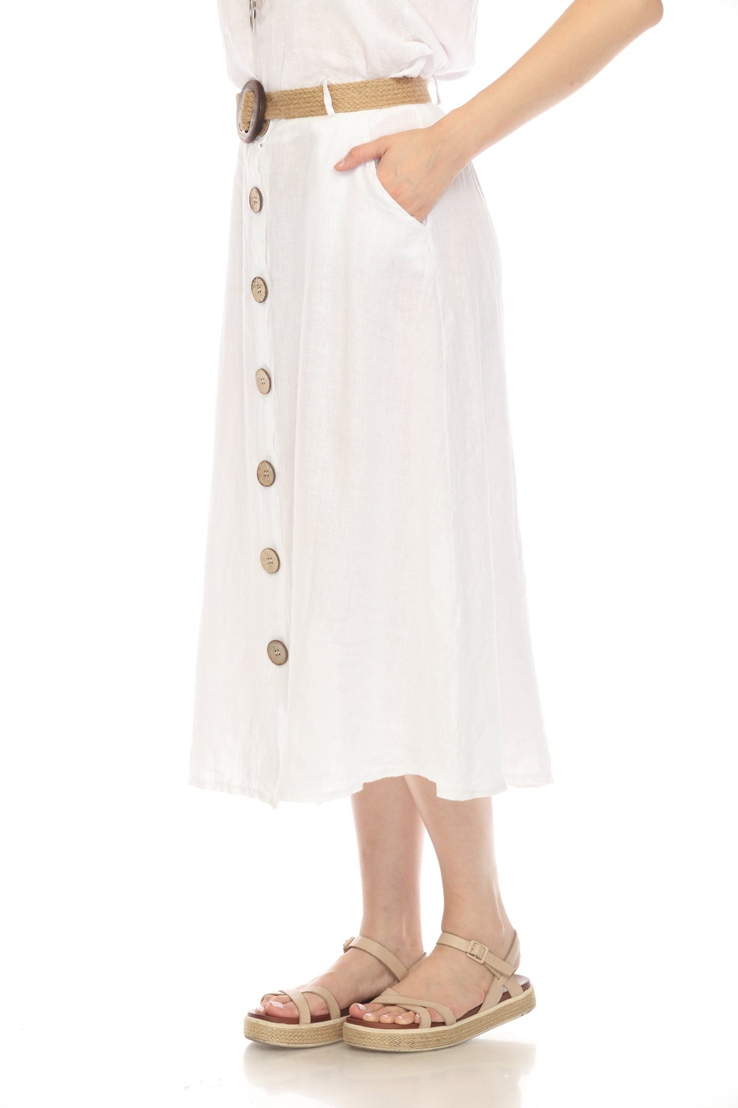 White Bamboo Belted Skirt with Buttons & Pockets