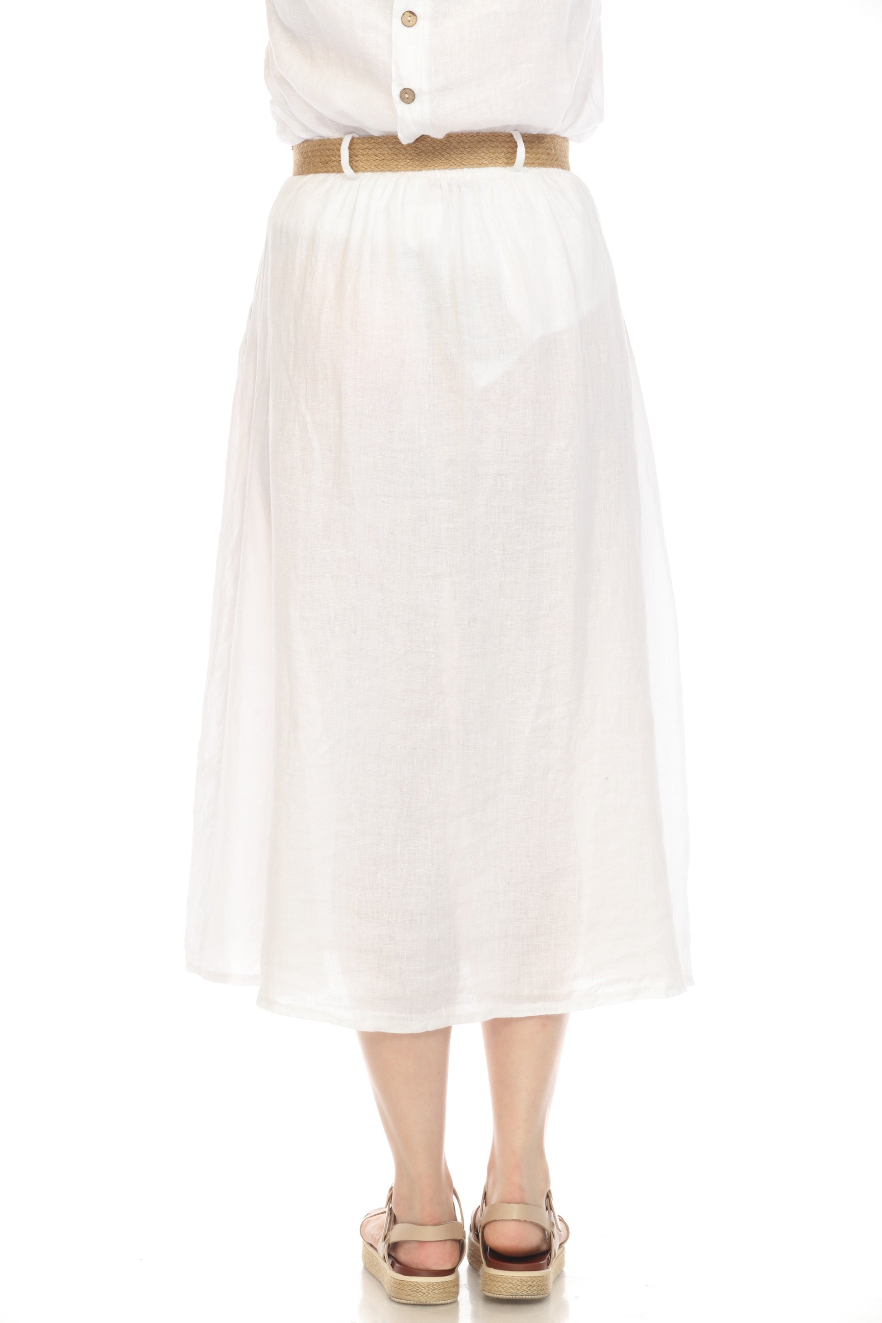 White Bamboo Belted Skirt with Buttons & Pockets