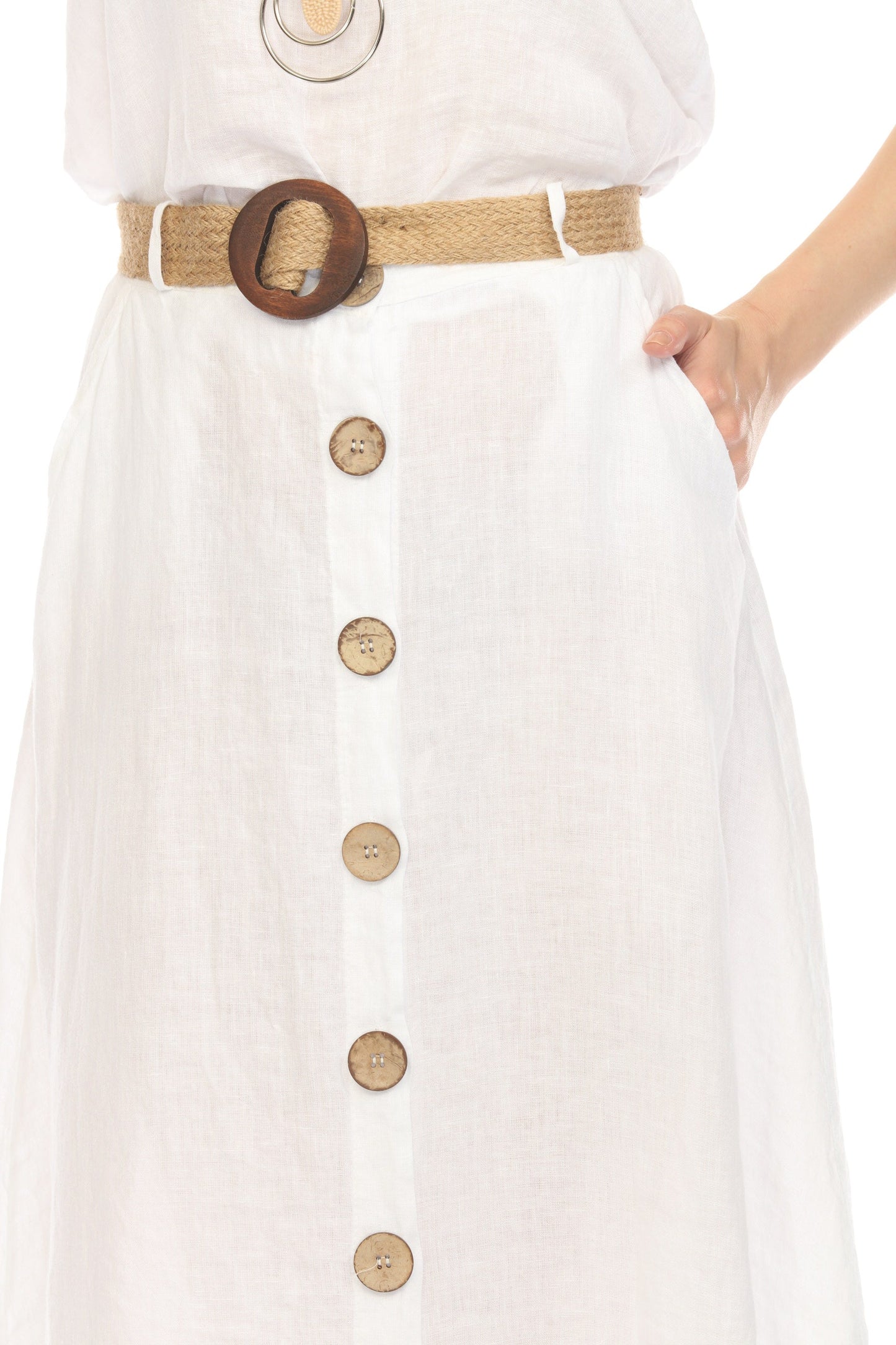 White Bamboo Belted Skirt with Buttons & Pockets