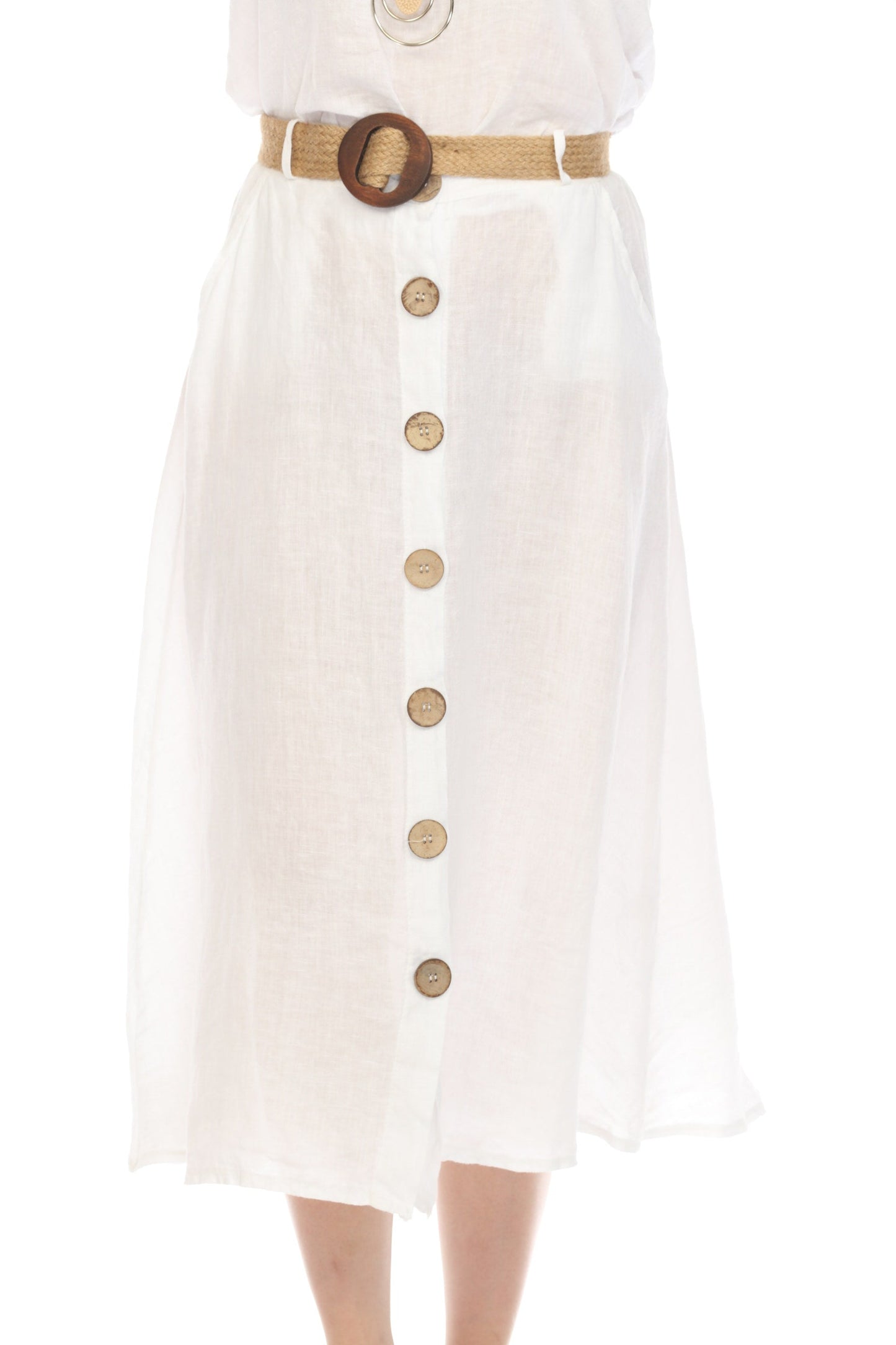 White Bamboo Belted Skirt with Buttons & Pockets
