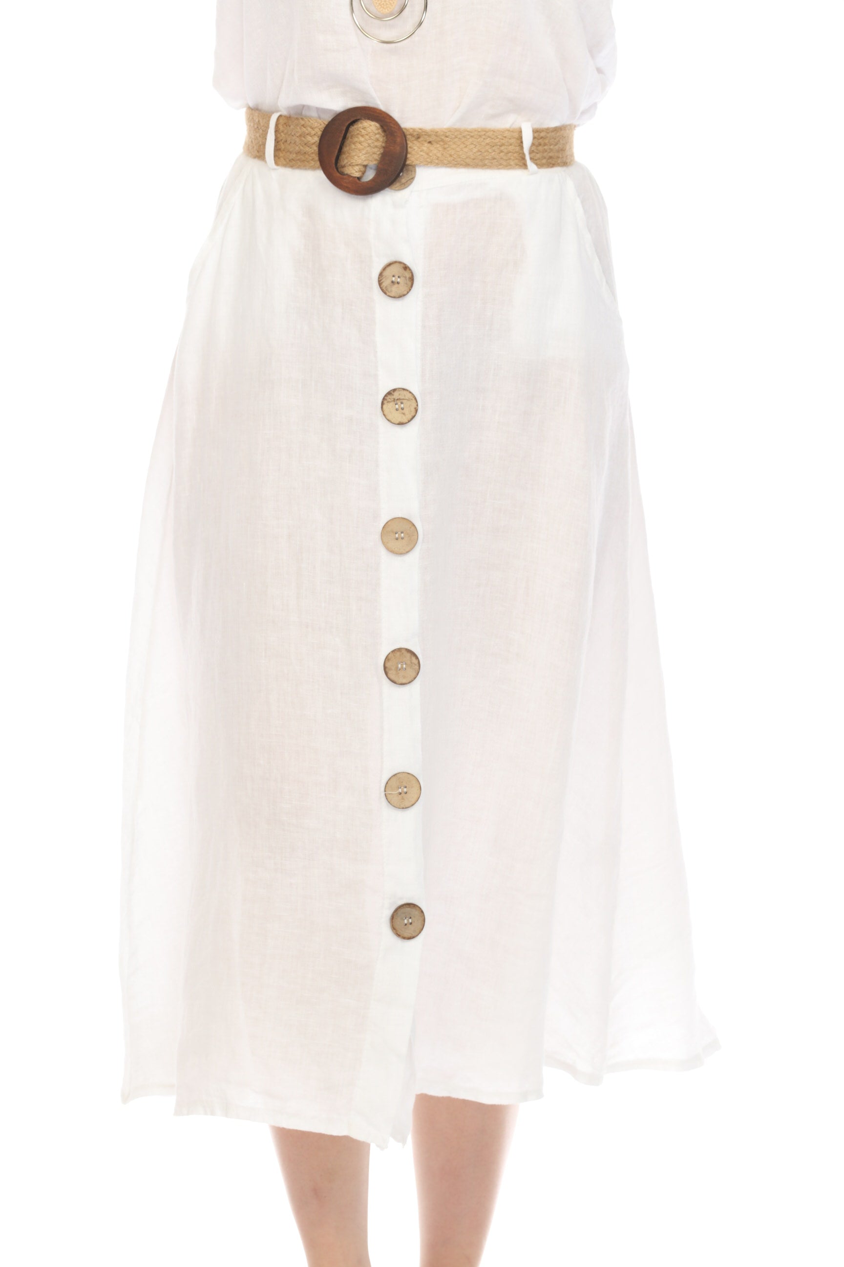 White Bamboo Belted Skirt with Buttons & Pockets