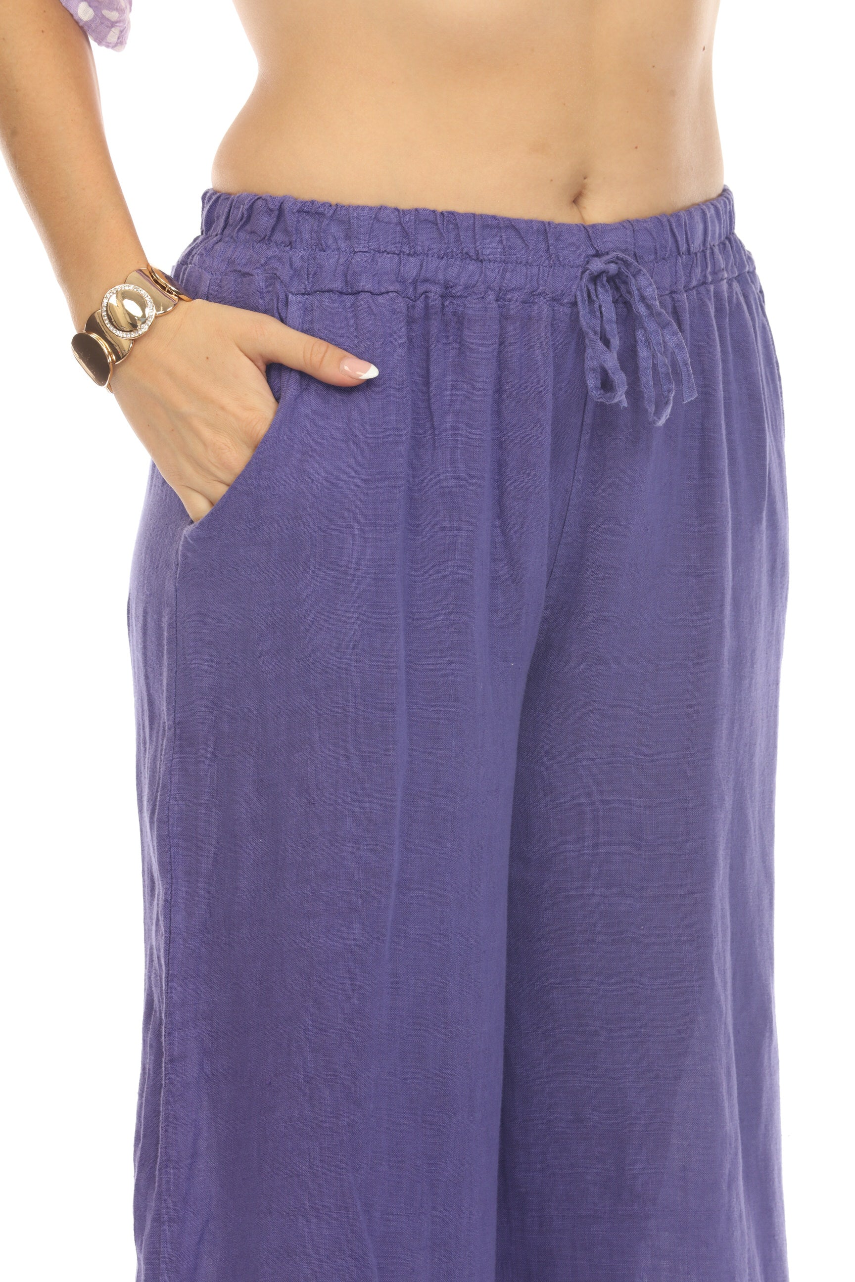 Purple Drawstring Elastic Waist Wide Leg Pant