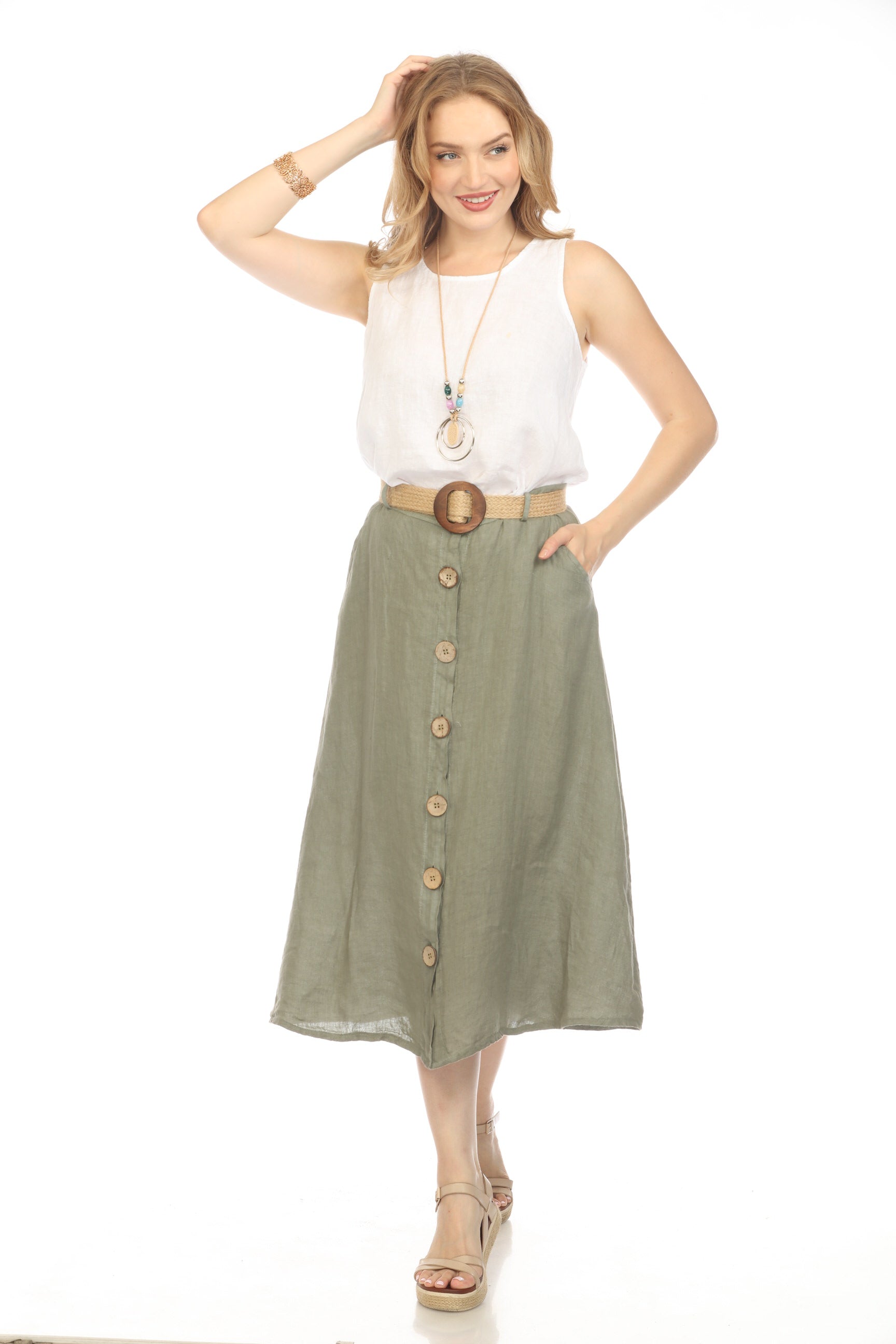 Olive Bamboo Belted Skirt with Buttons & Pockets