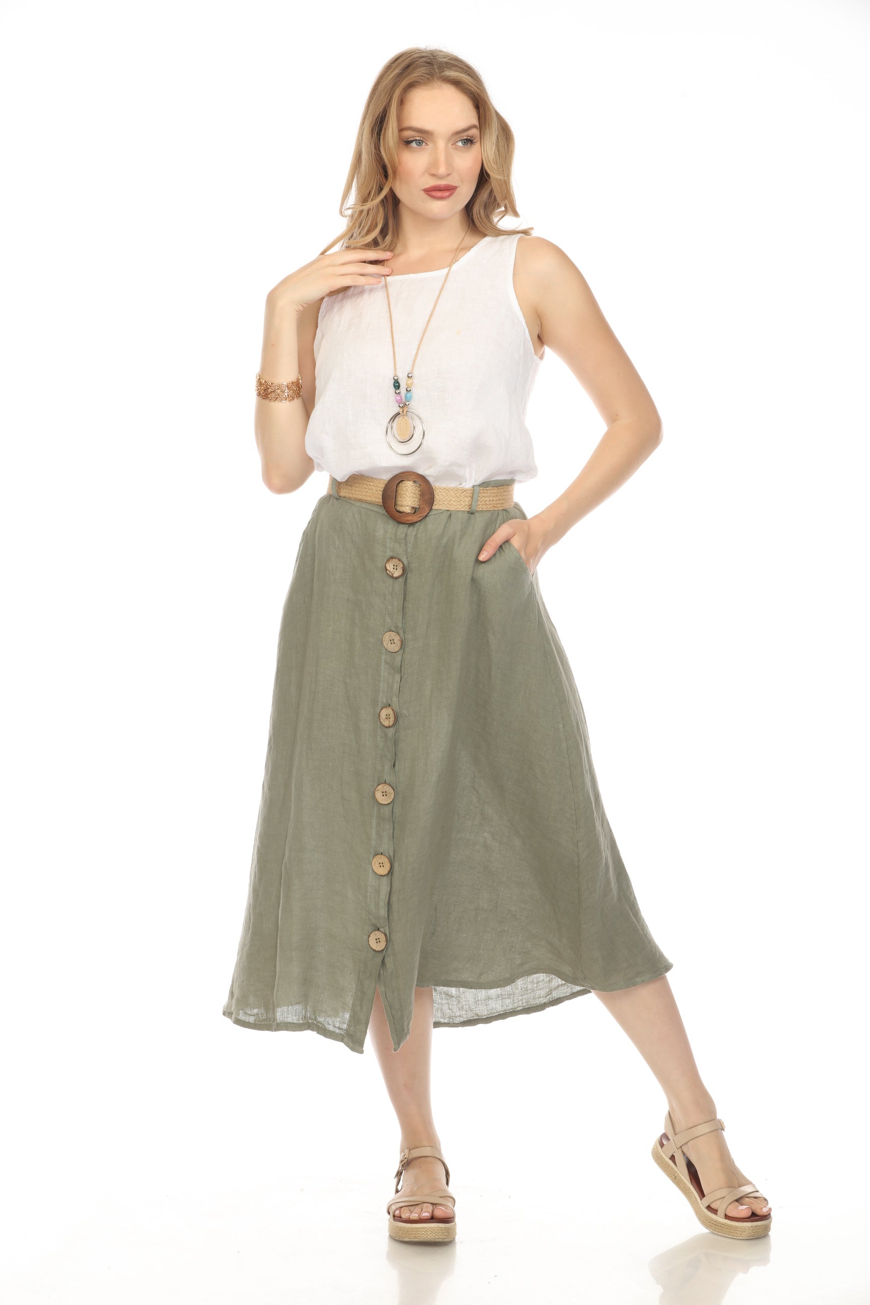 Olive Bamboo Belted Skirt with Buttons & Pockets