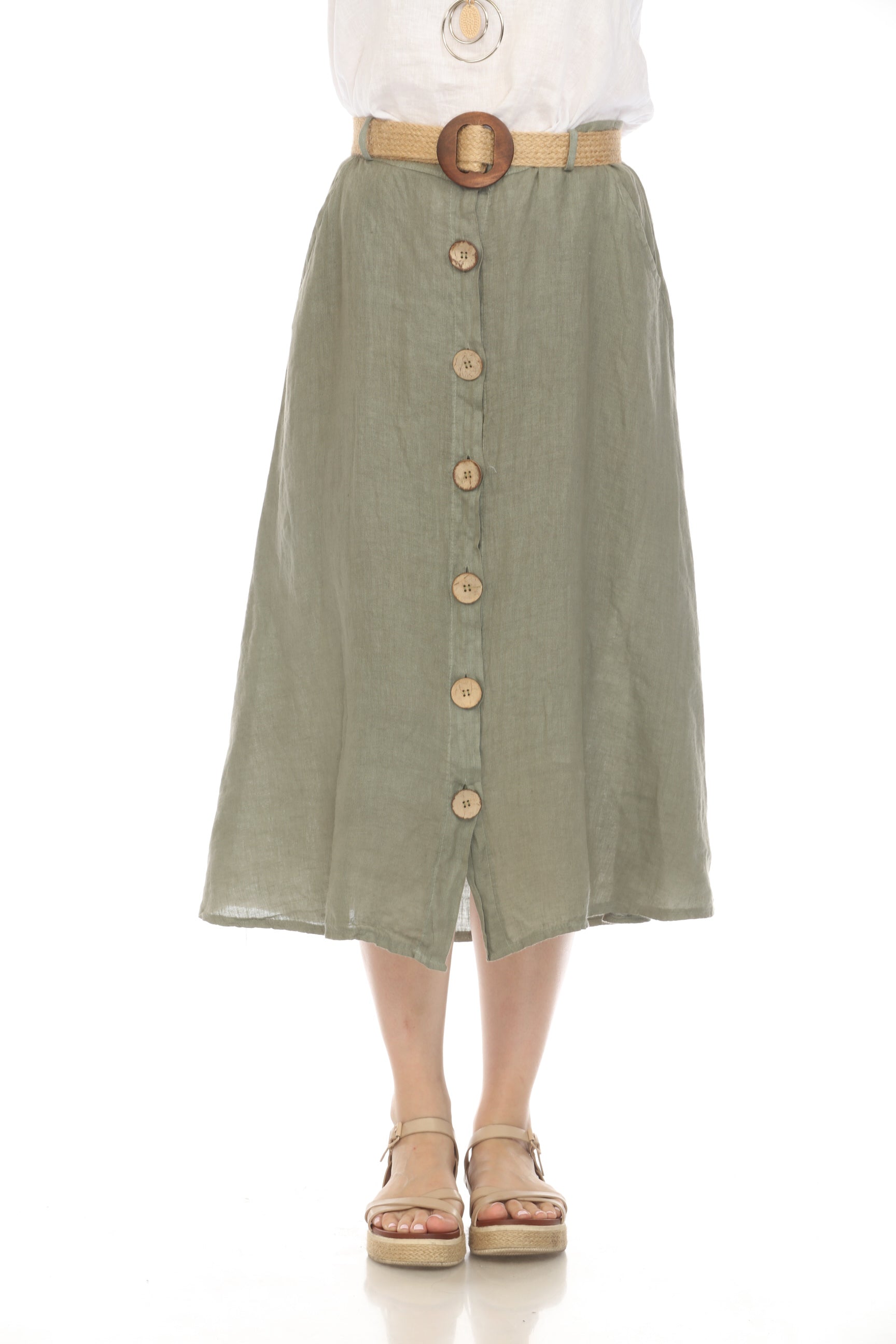 Olive Bamboo Belted Skirt with Buttons & Pockets