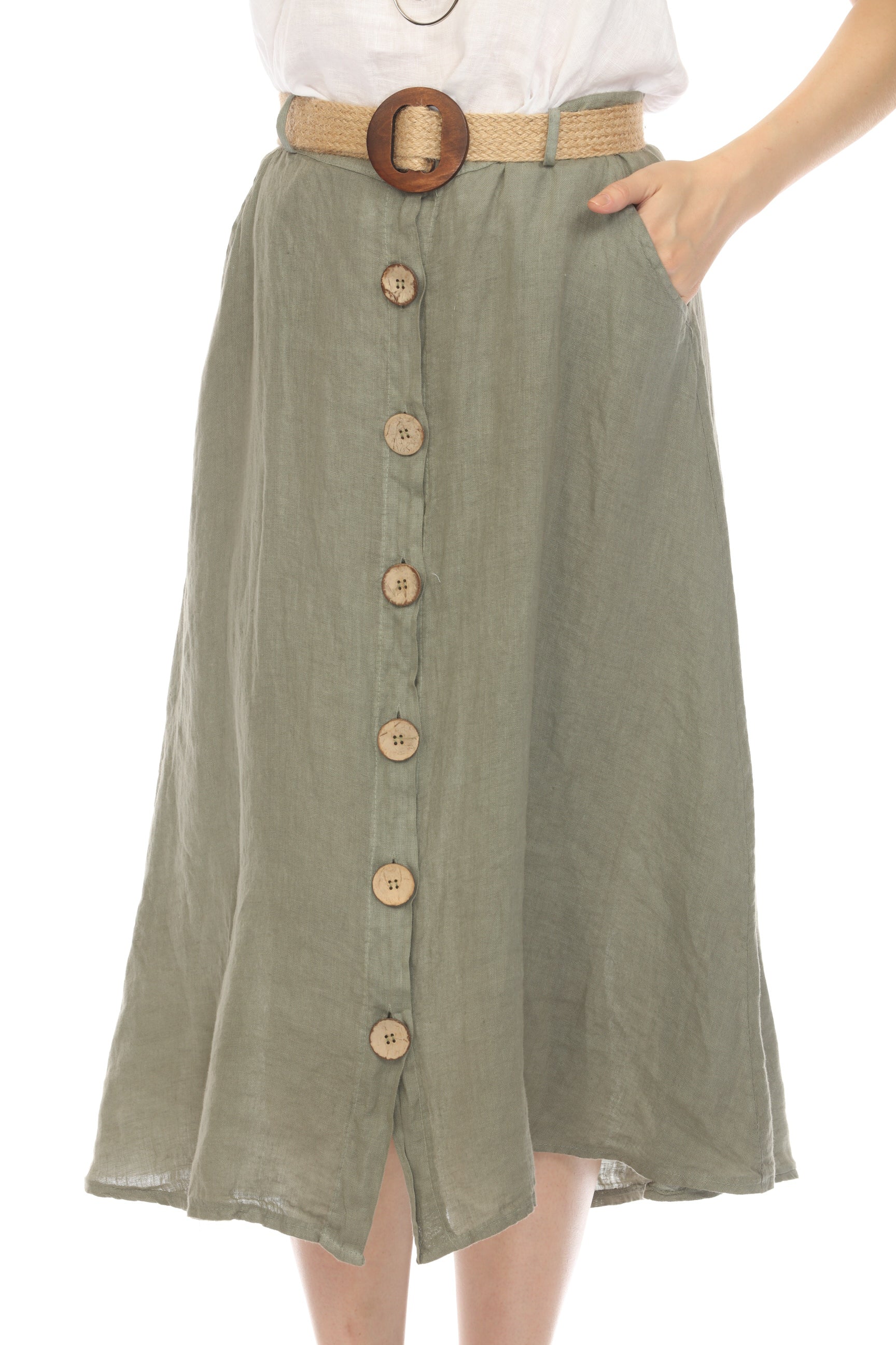 Olive Bamboo Belted Skirt with Buttons & Pockets