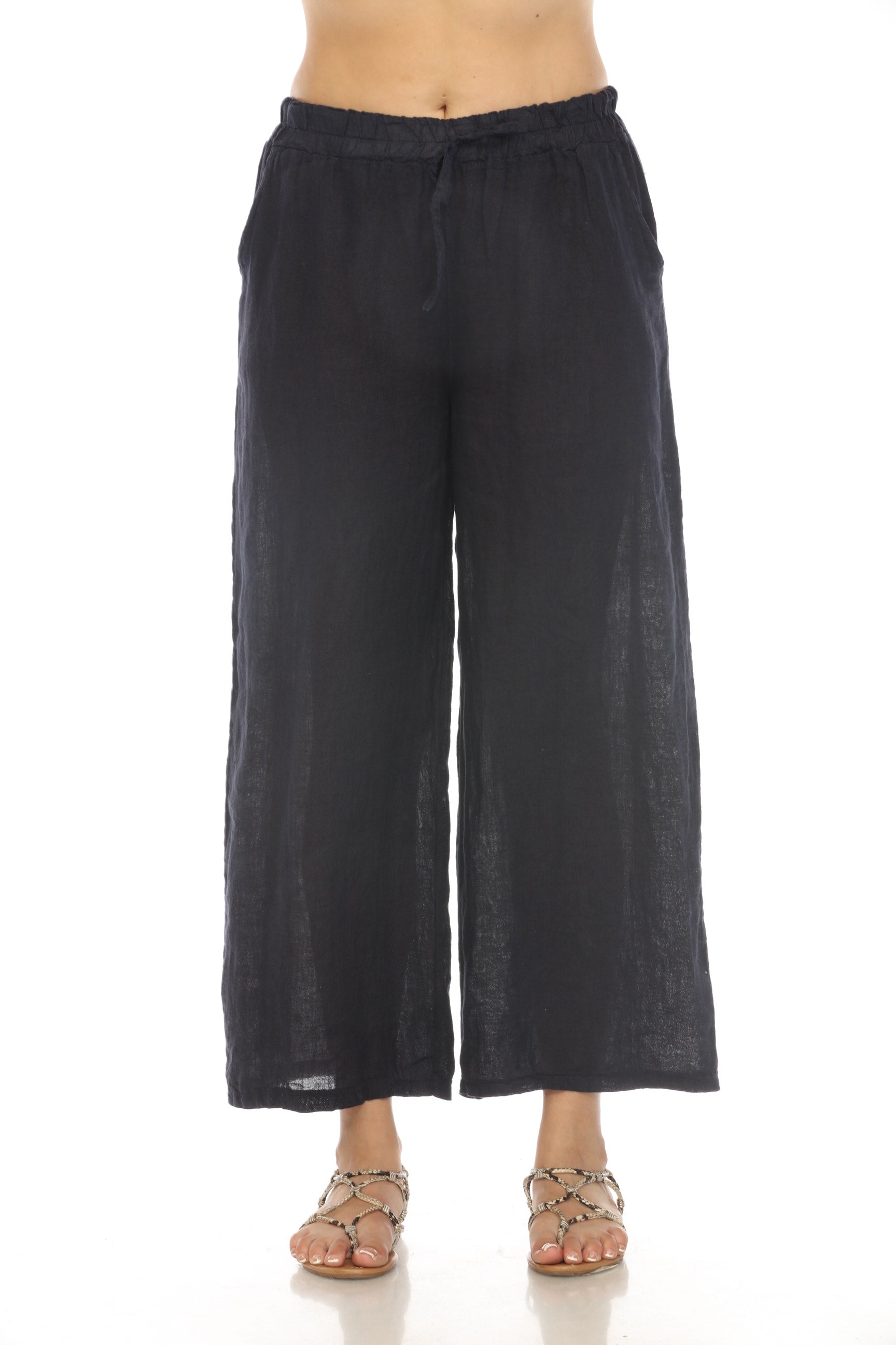 Navy Drawstring Elastic Waist Wide Leg Pant