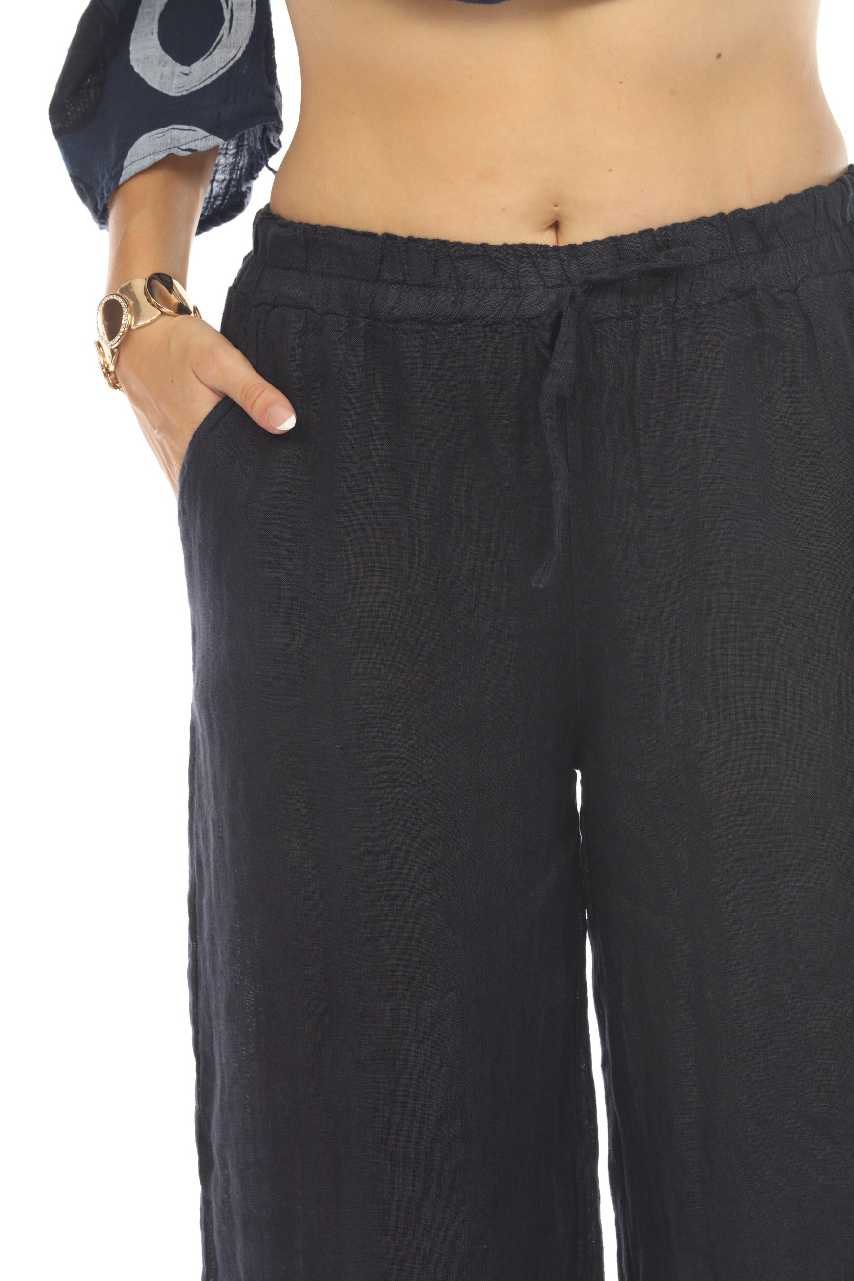 Navy Drawstring Elastic Waist Wide Leg Pant