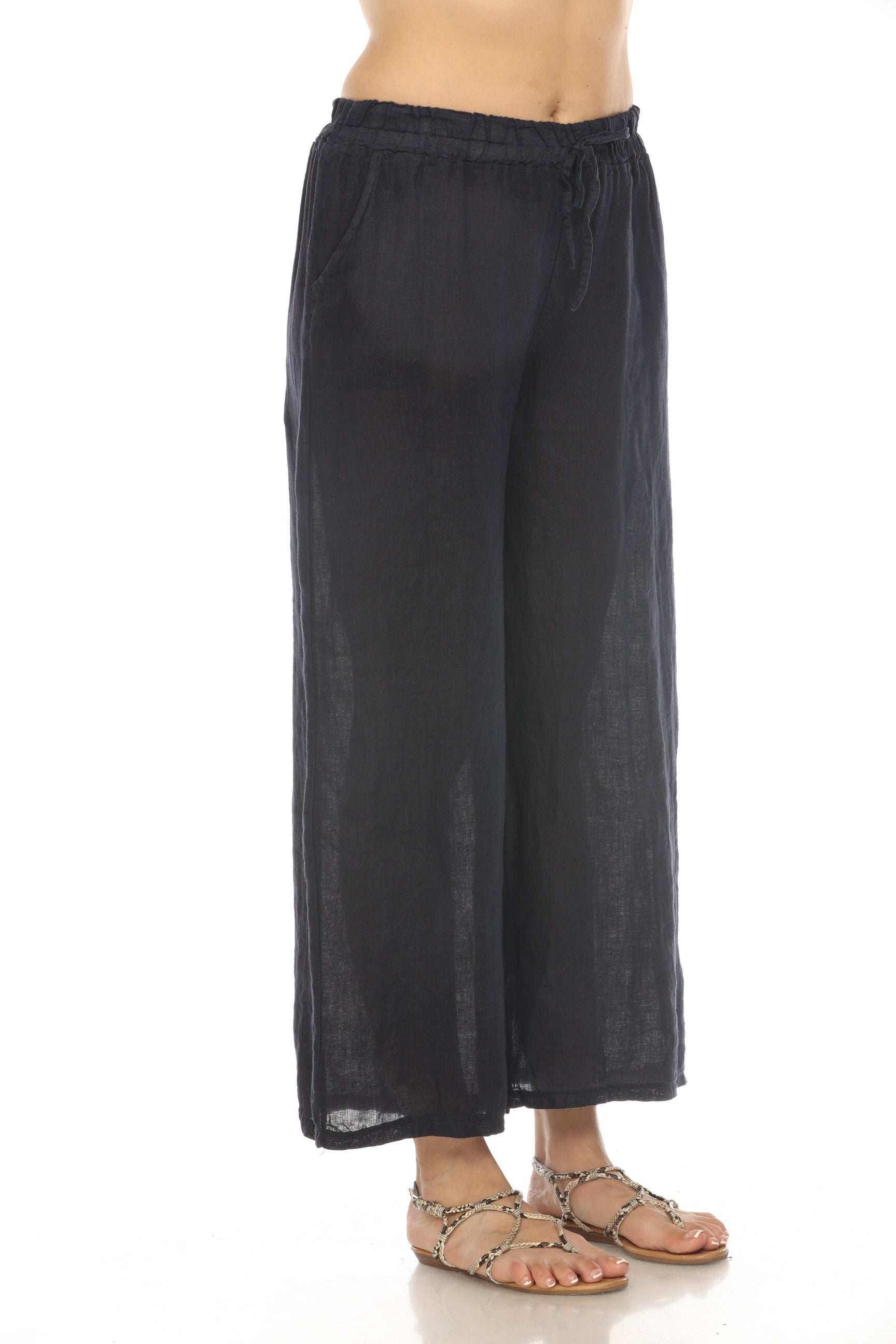 Navy Drawstring Elastic Waist Wide Leg Pant