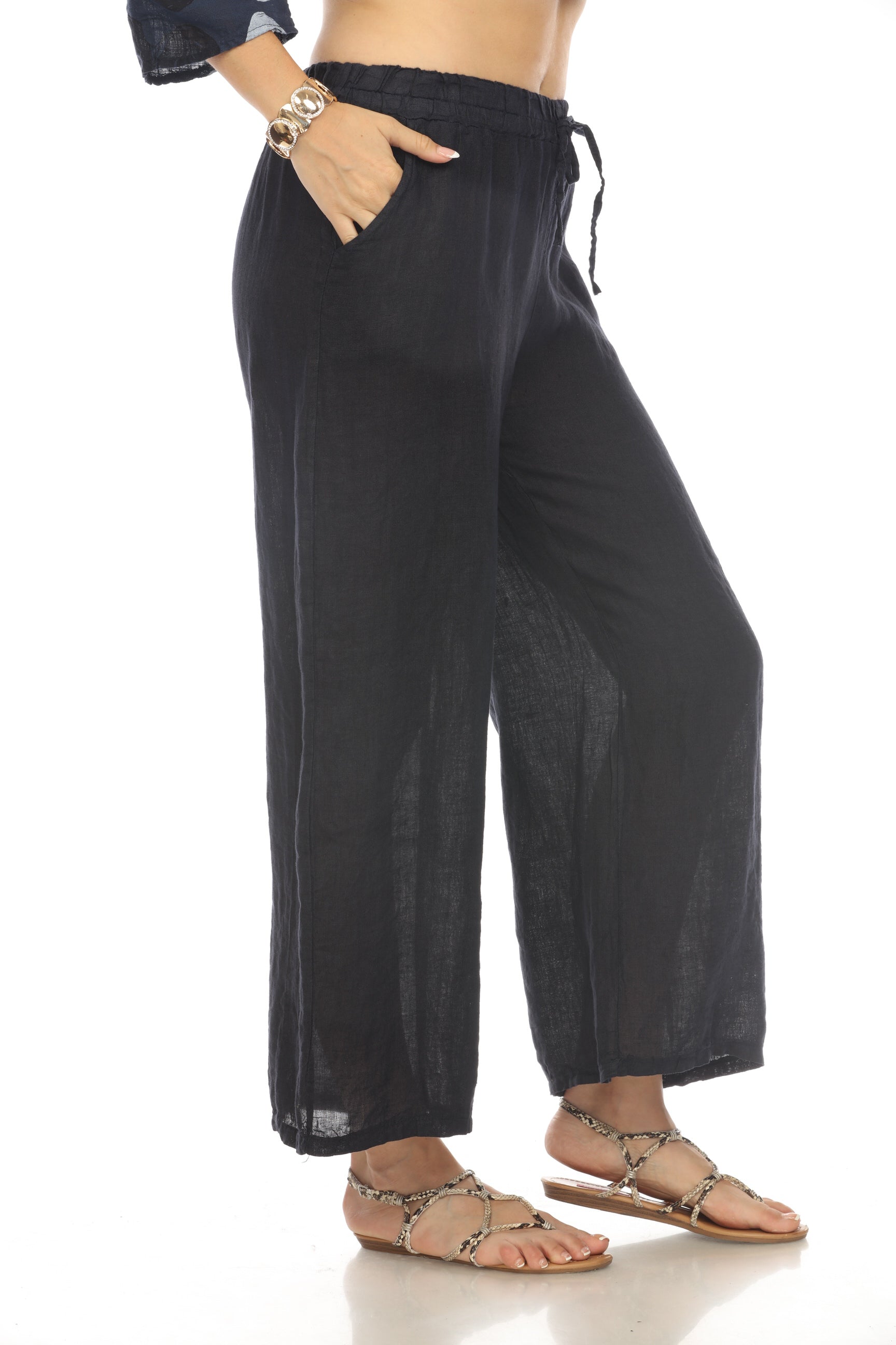 Navy Drawstring Elastic Waist Wide Leg Pant