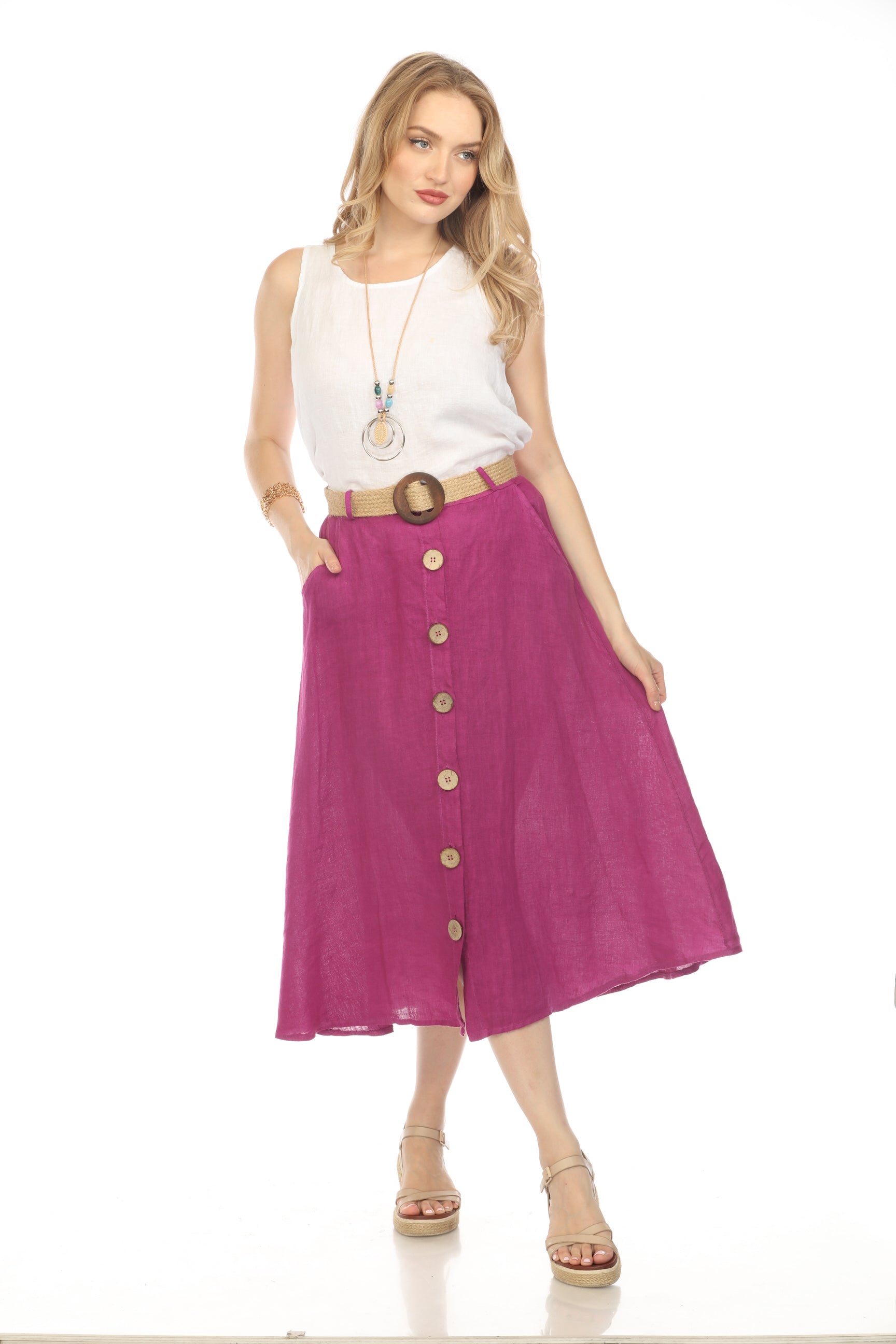 Purple Bamboo Belted Skirt with Buttons & Pockets