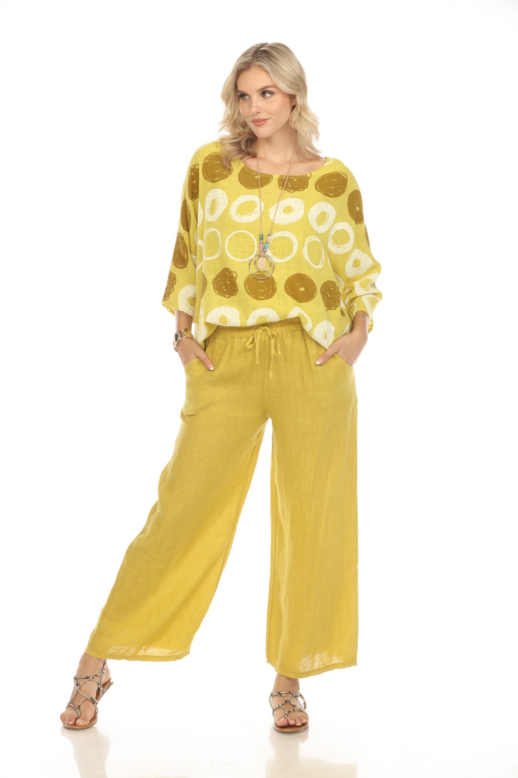 Yellow Drawstring Elastic Waist Wide Leg Pant