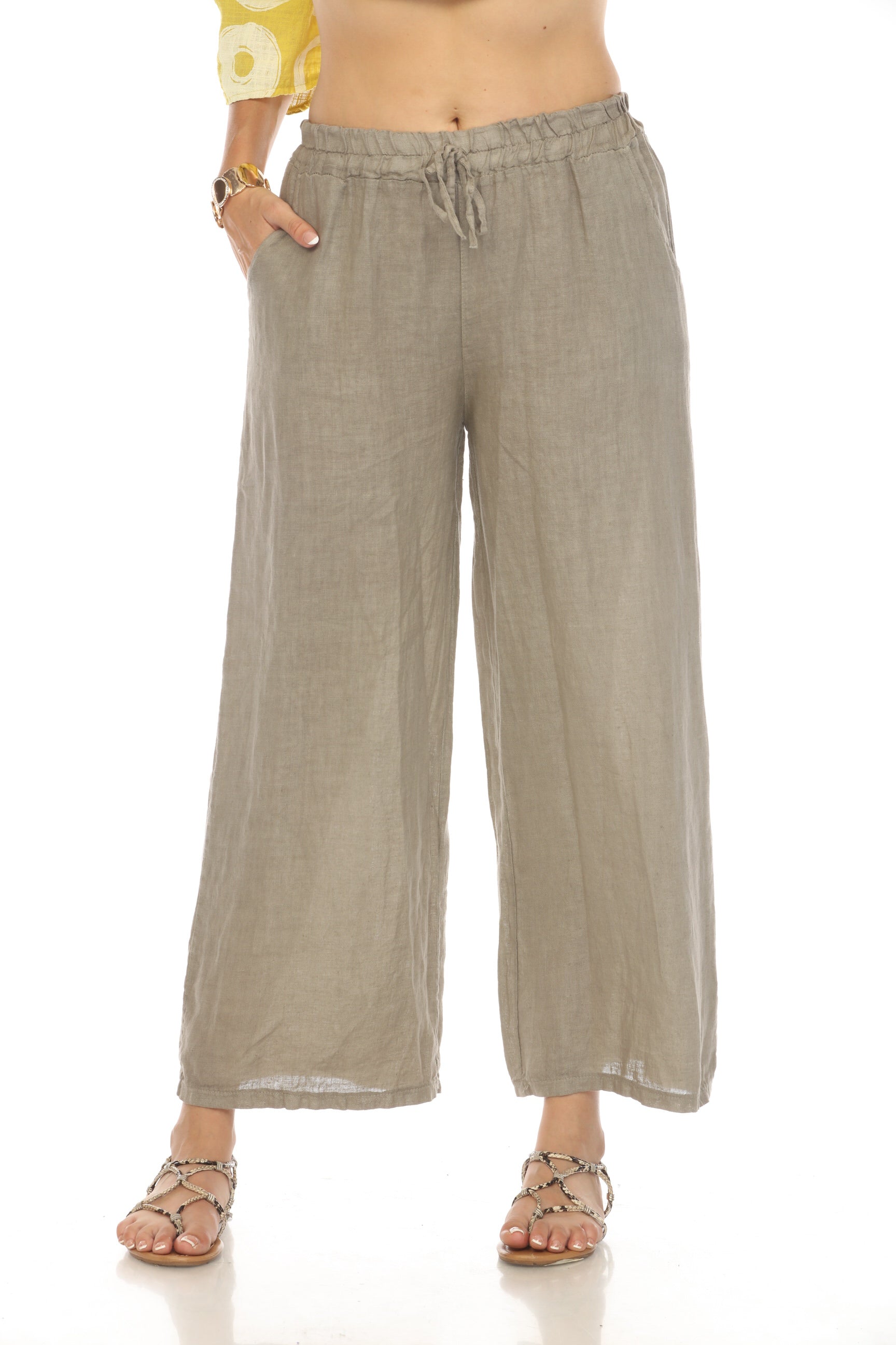 Taupe Drawstring Elastic Waist Wide Leg Pant