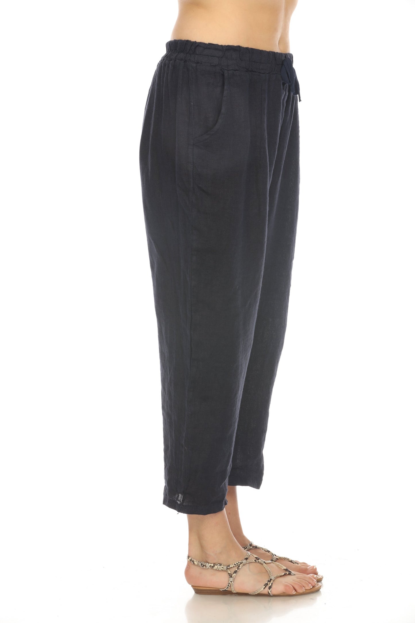 Navy Cropped style Drawstring Pockets Pant